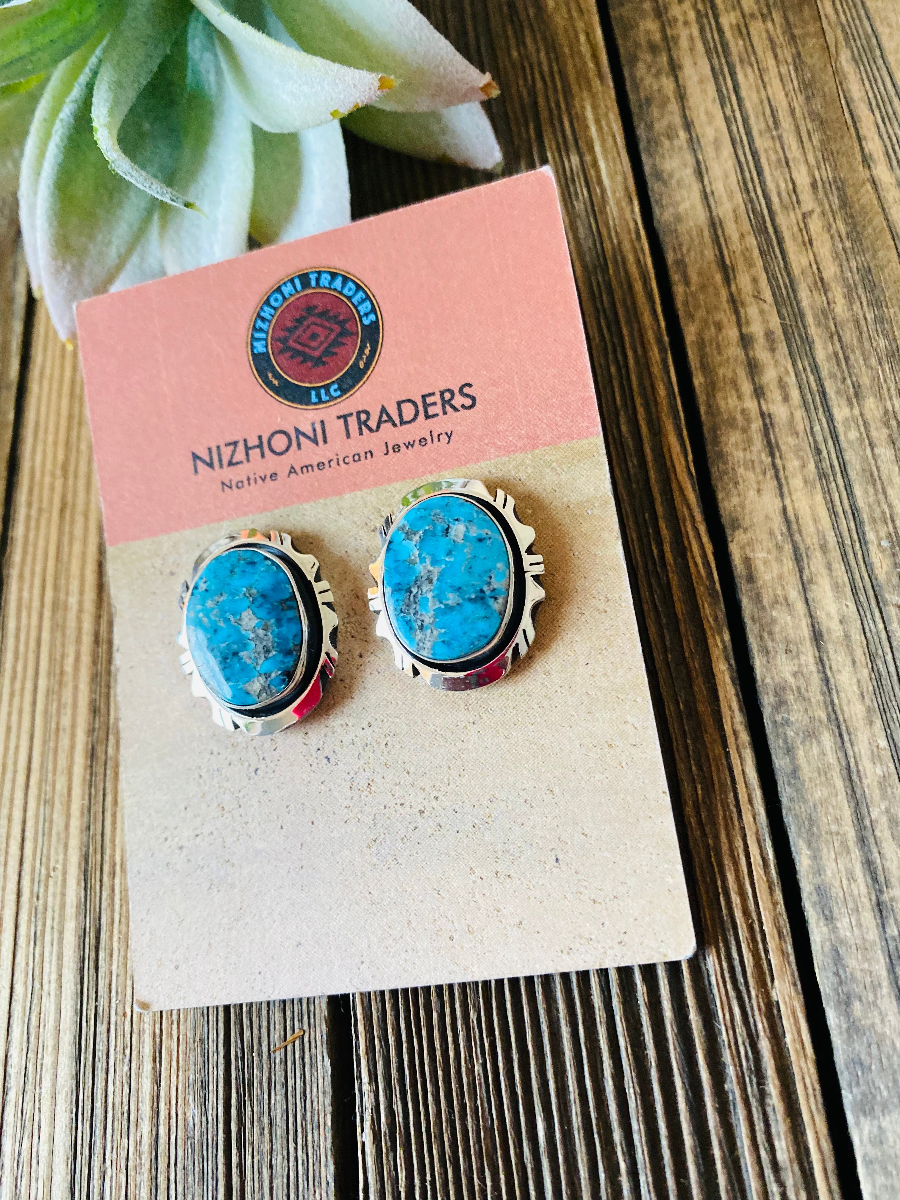 Navajo Kingman Turquoise & Sterling Silver Post Earrings Signed