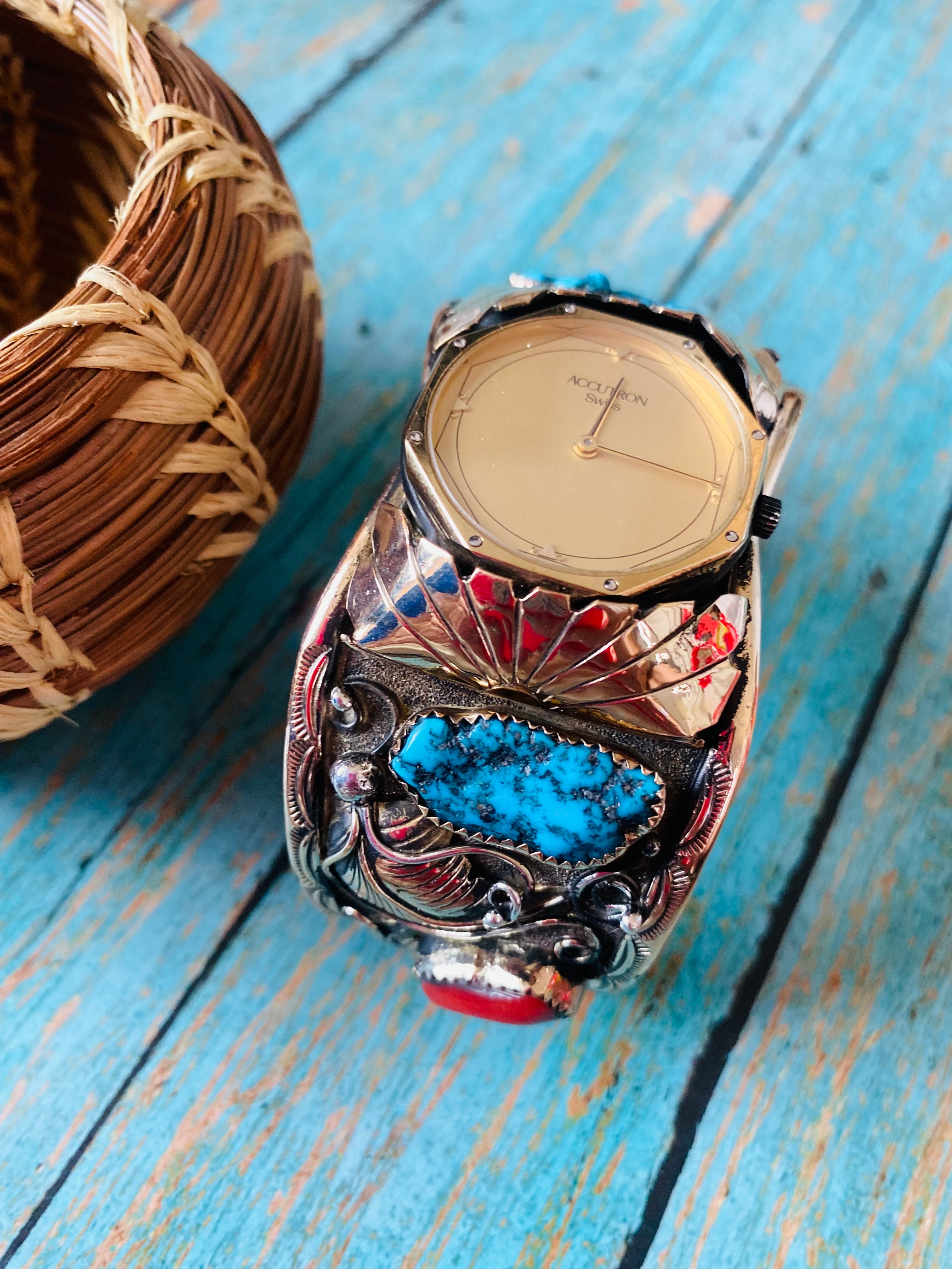 Old Pawn Vintage Navajo Coral, Turquoise & Sterling Silver Watch Cuff