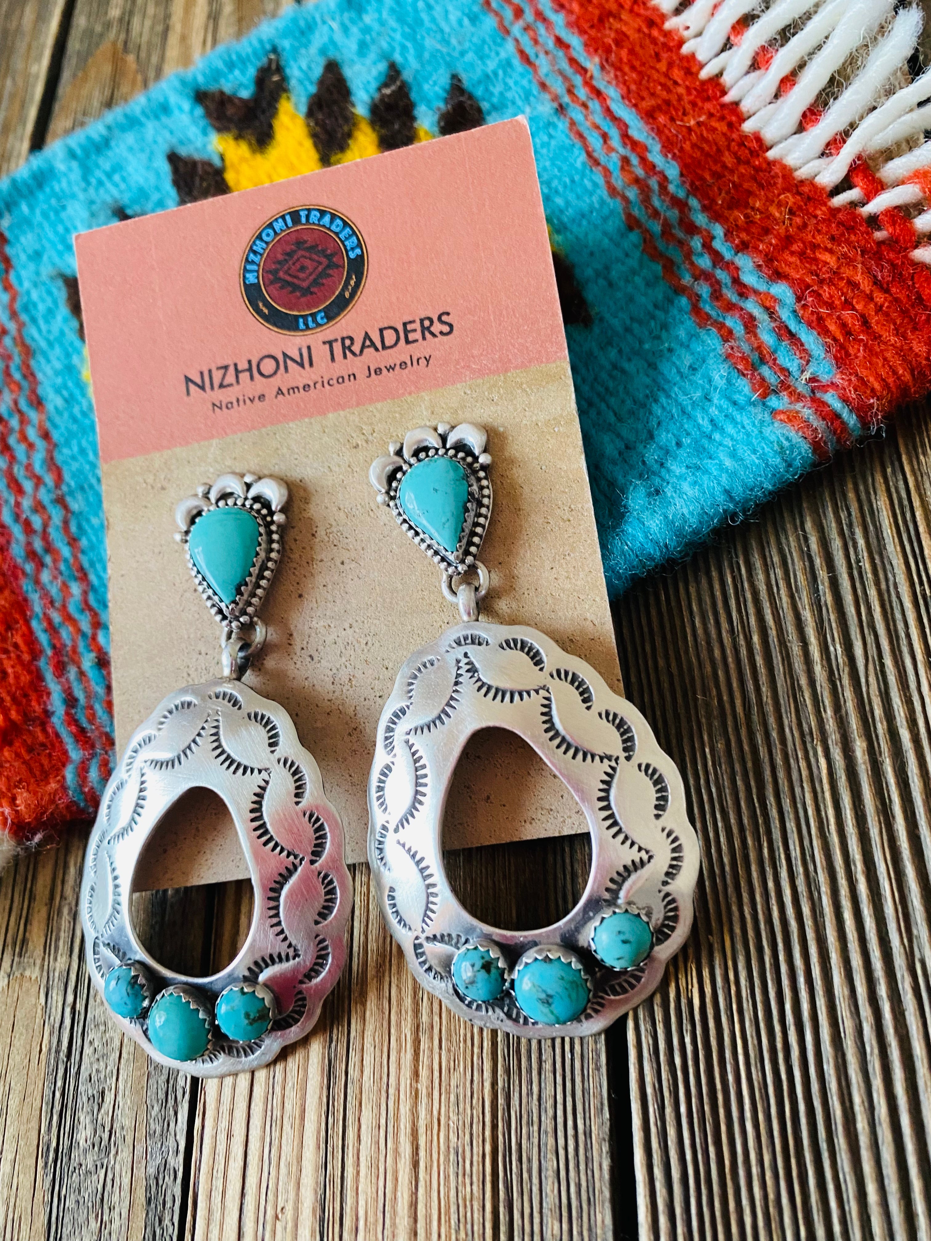 Navajo Turquoise & Sterling Silver Concho Dangle Earrings