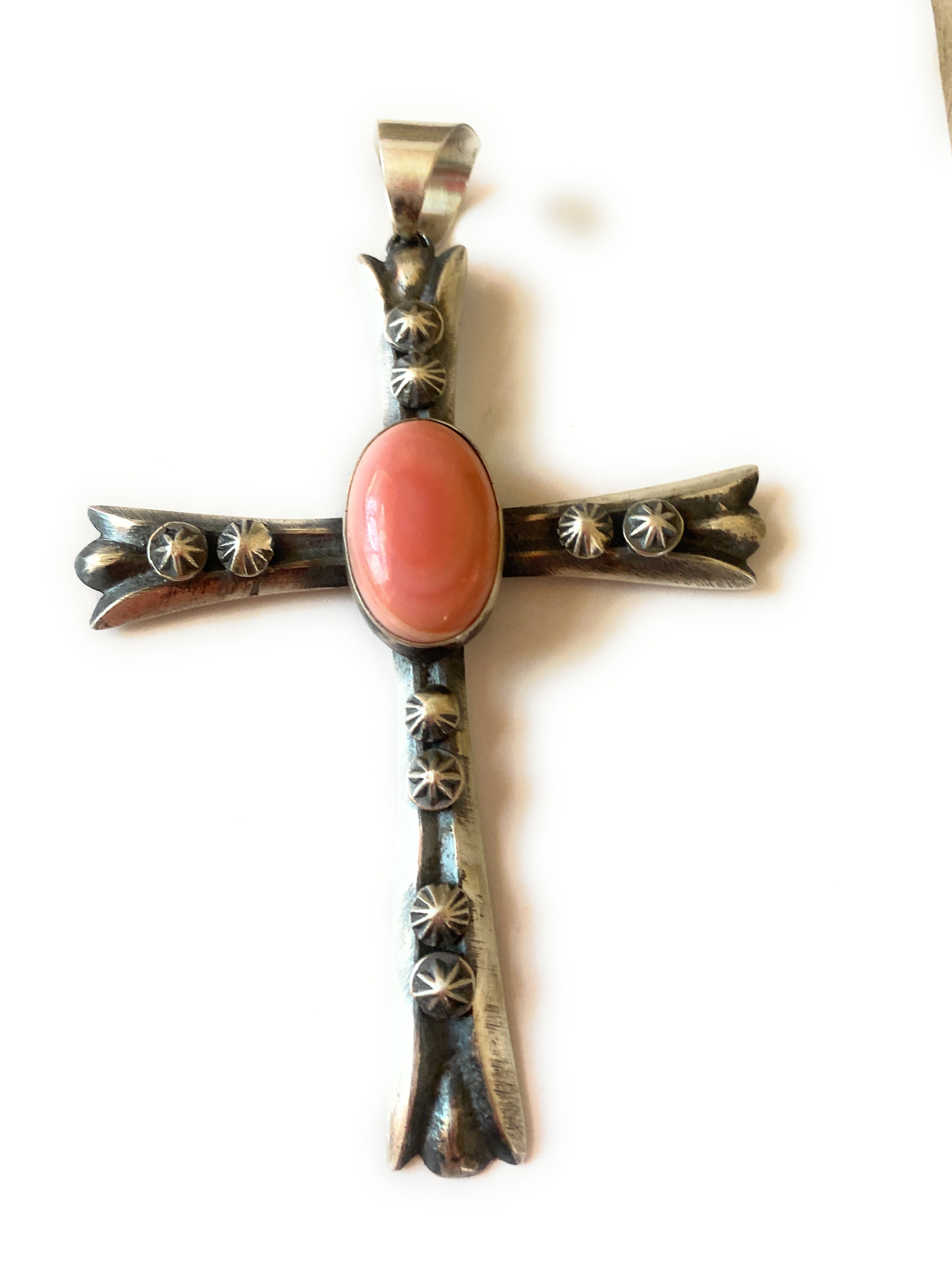 Navajo Queen Pink Conch Shell & Sterling Silver Cross Pendant By Chimney Butte