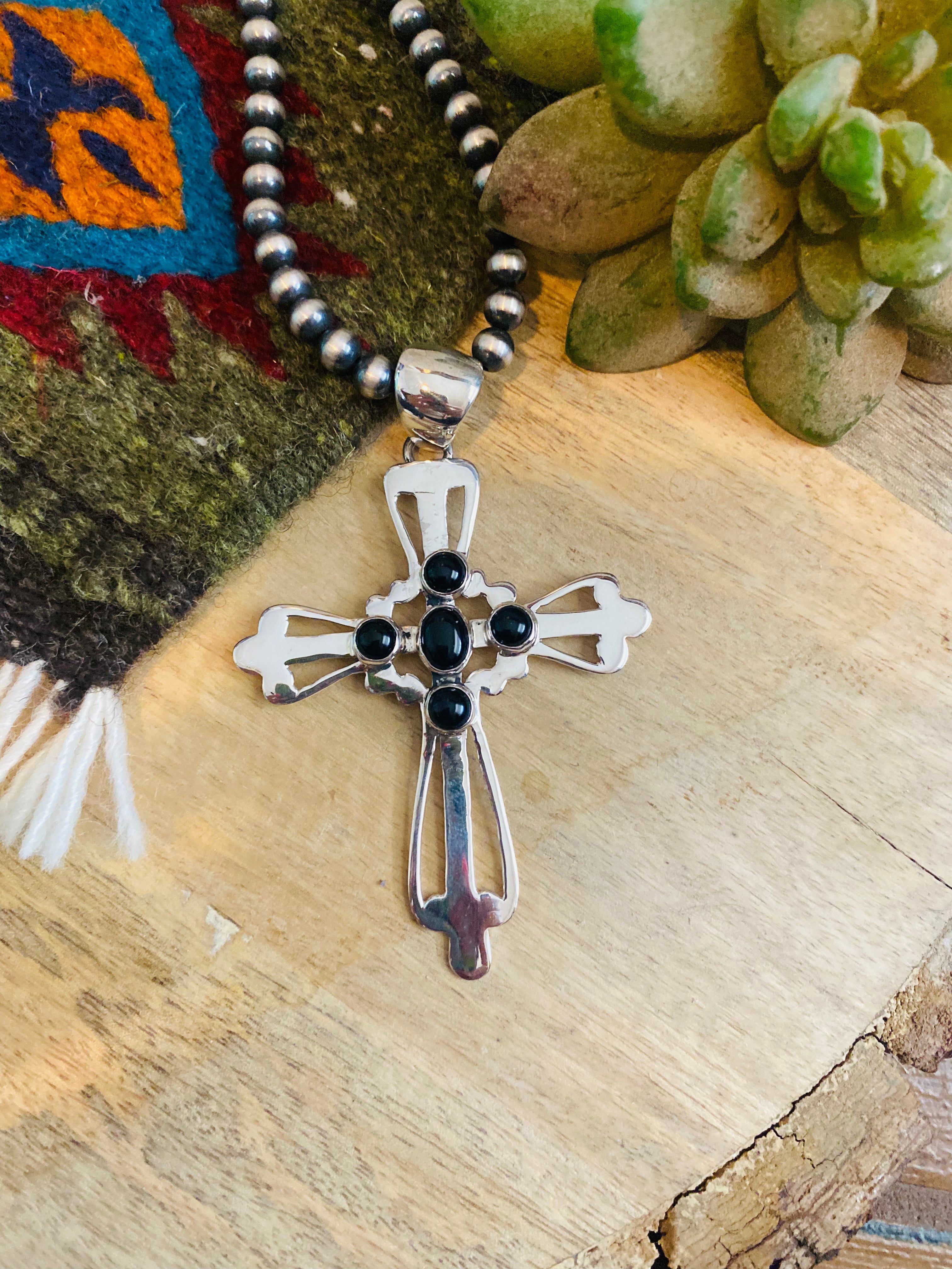 Navajo Onyx & Sterling Silver Cross Pendant Signed