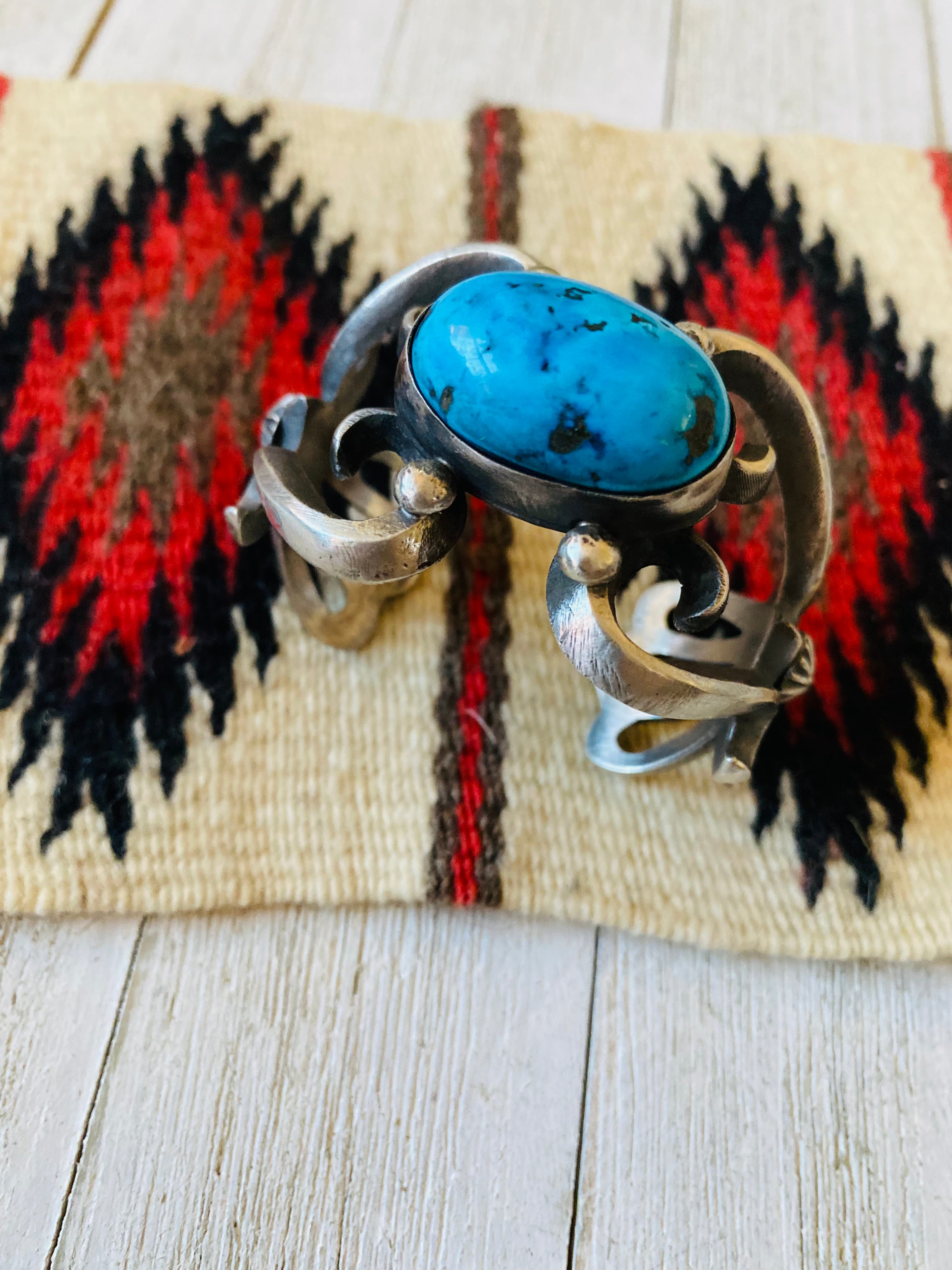 Navajo Sterling Silver & Kingman Turquoise Cuff Bracelet By Chimney Butte