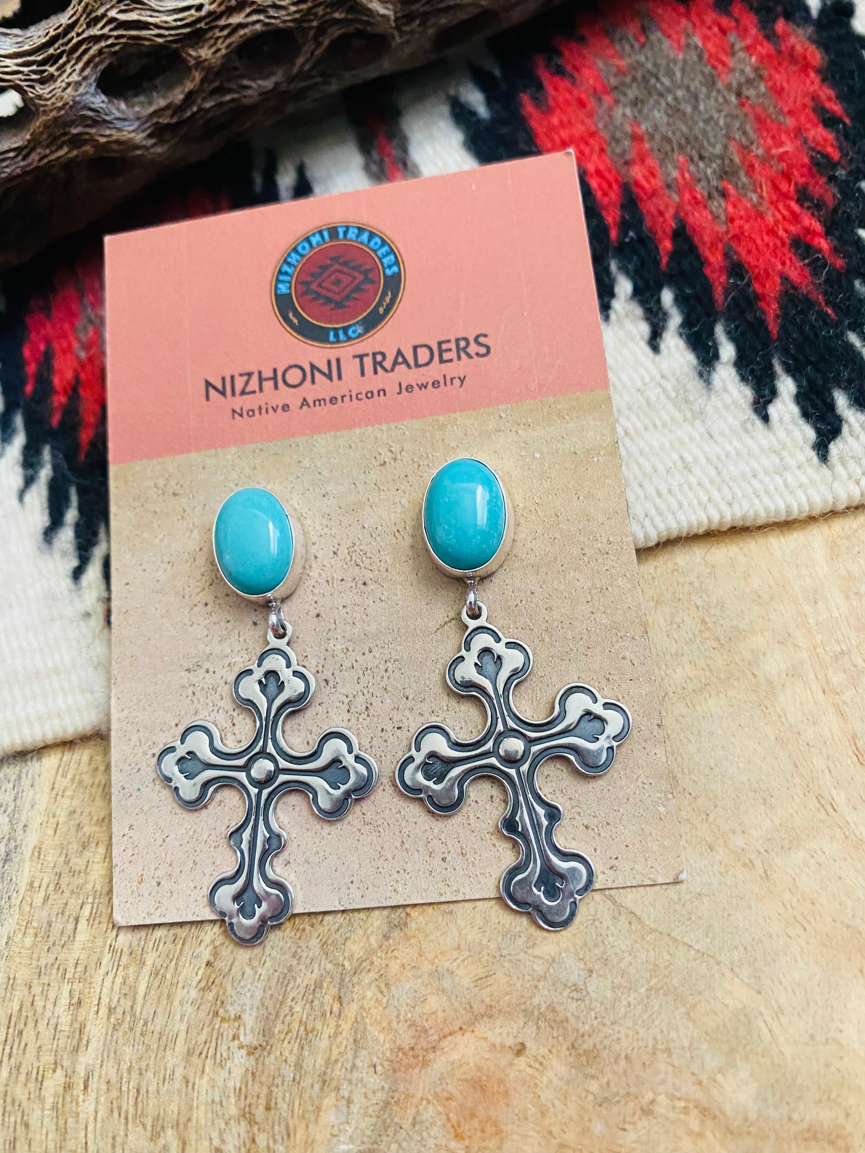 Navajo Turquoise & Sterling Silver Cross Dangle Earrings