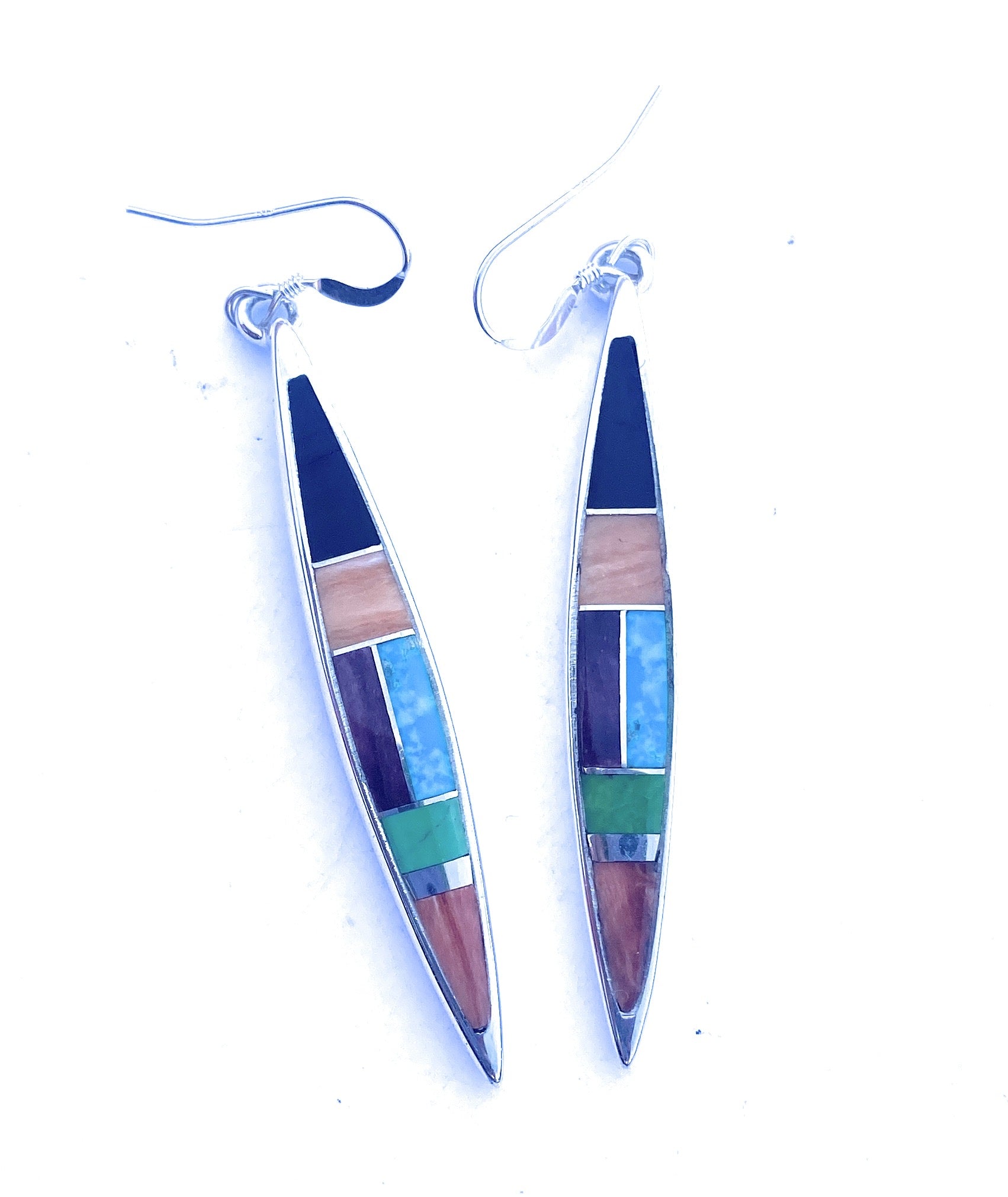 Navajo Multi Stone & Sterling Silver Inlay Dangle Earrings