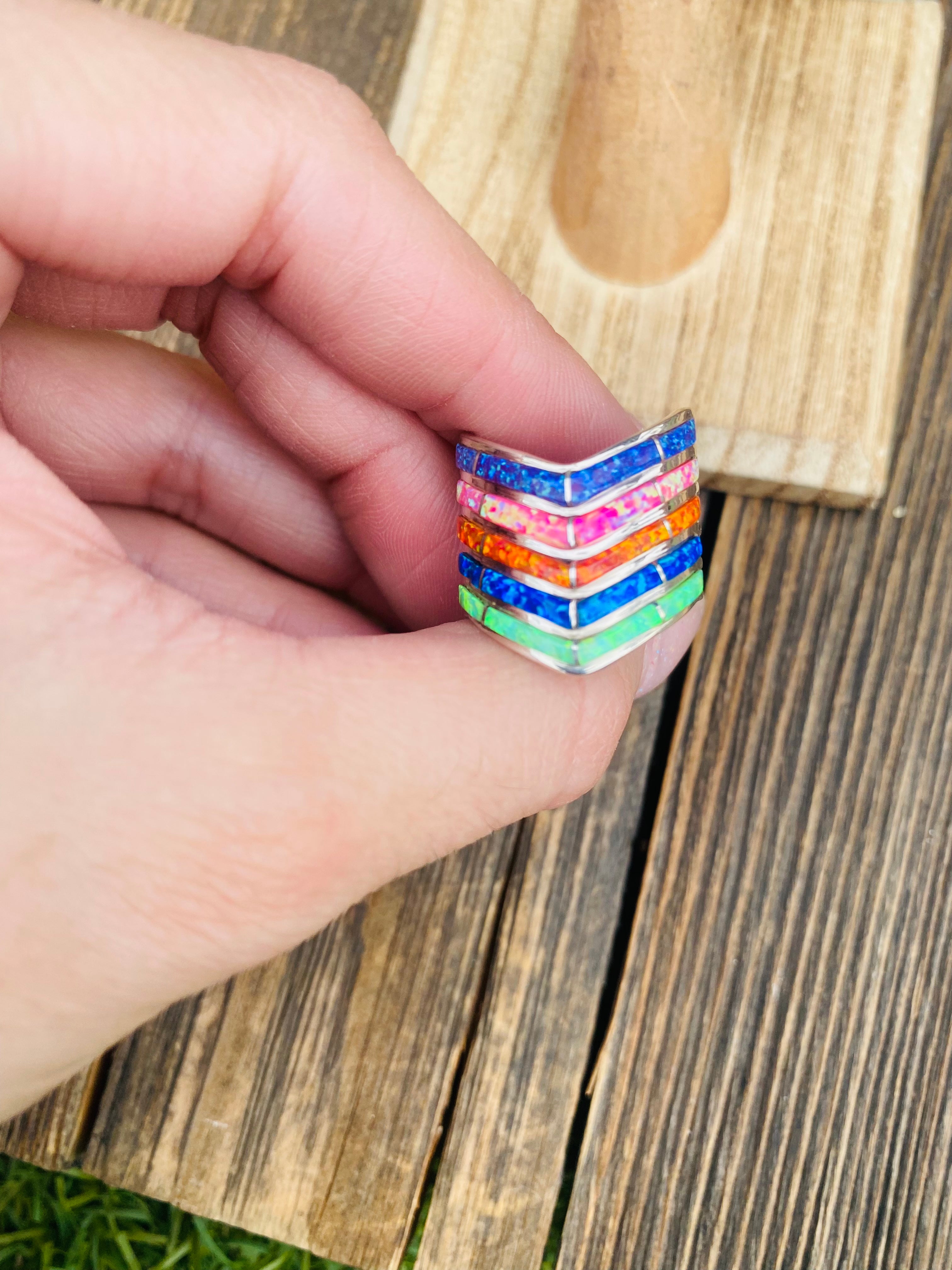 Navajo Sterling Silver & Multicolor Opal Inlayed Stacker Ring Size 7