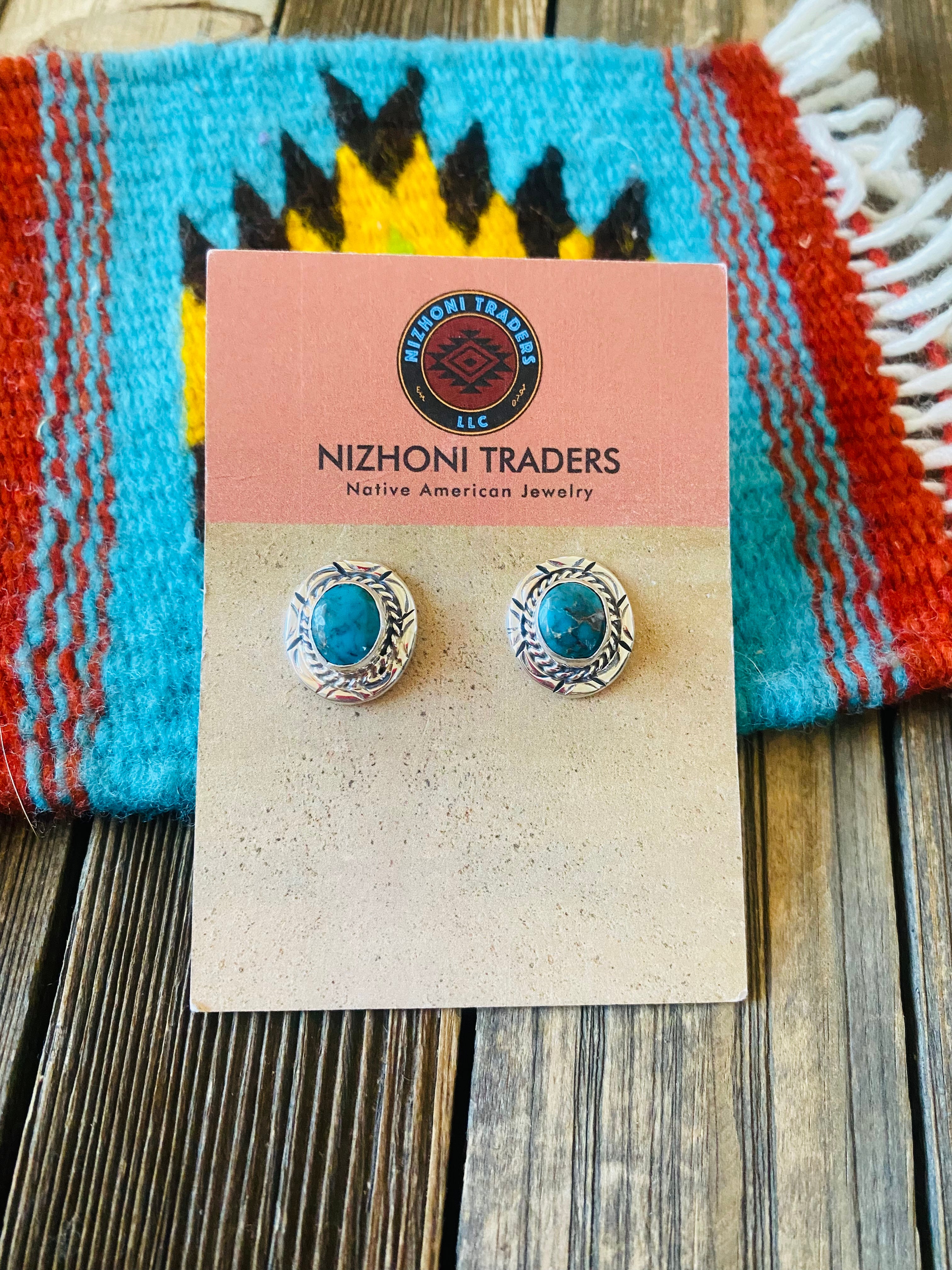 Navajo Kingman Turquoise & Sterling Silver Post Earrings Signed