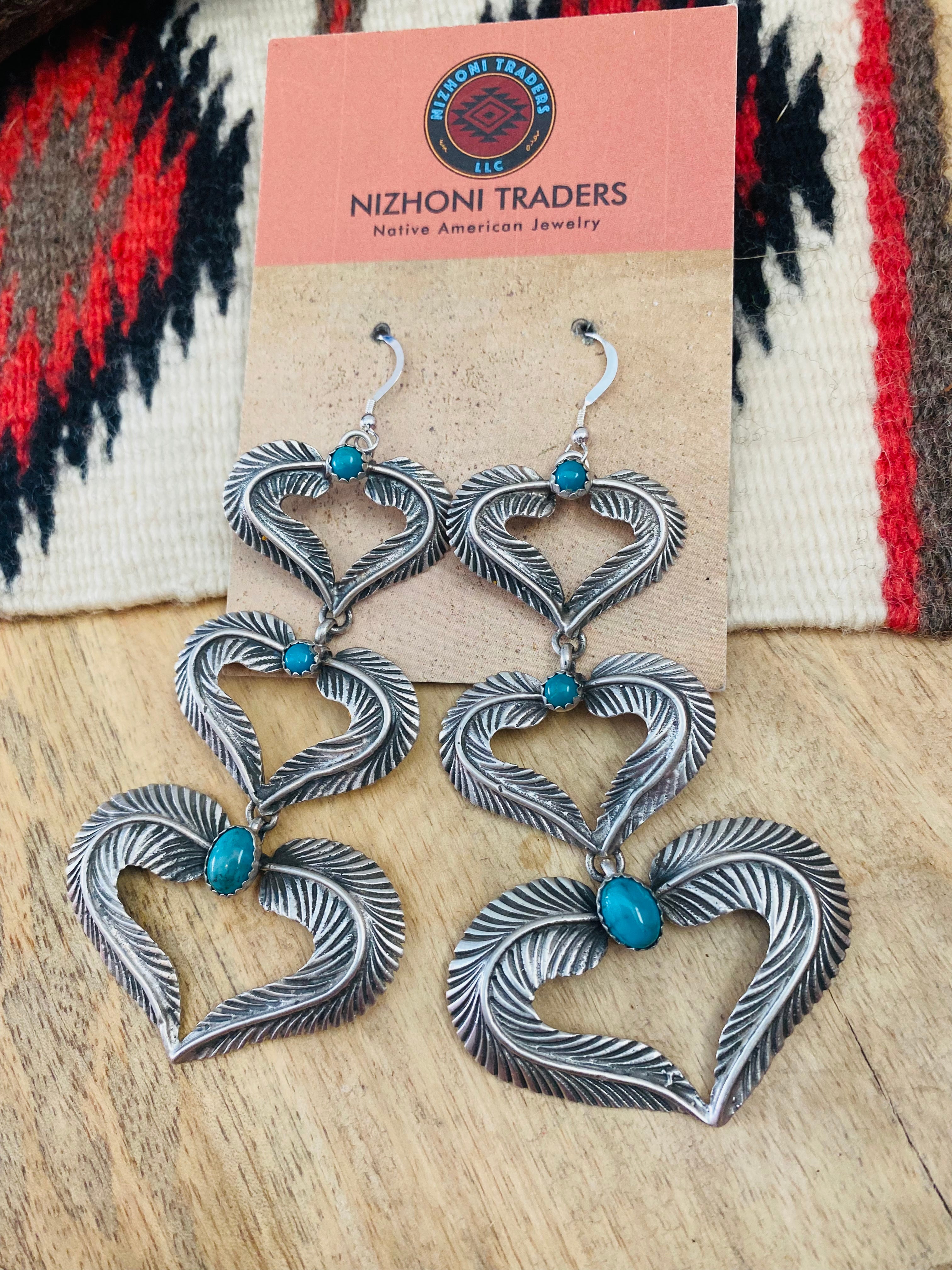 Navajo Turquoise & Sterling Silver Feather Heart Dangle Earrings