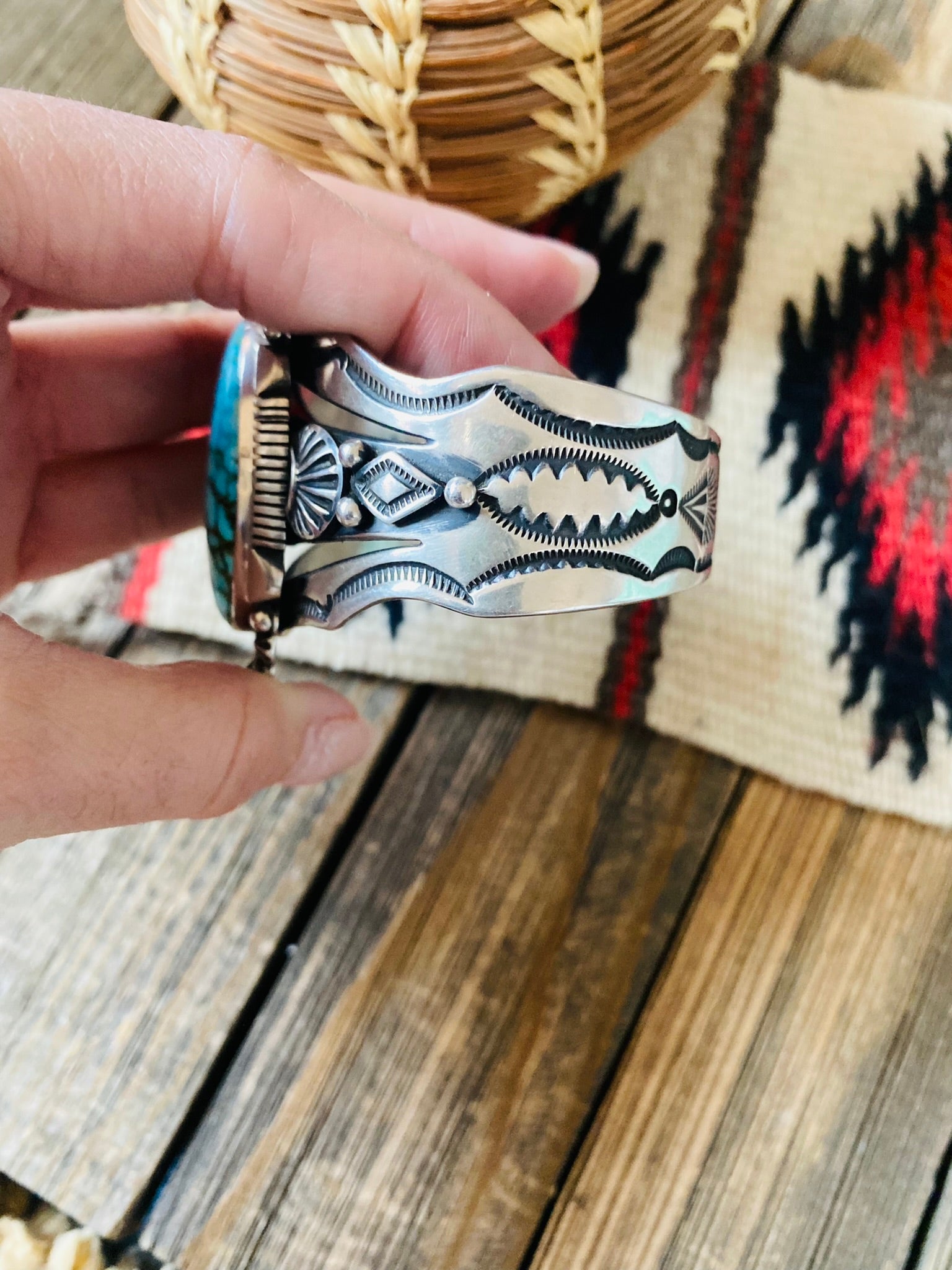 Navajo Kingman Web Turquoise & Sterling Silver Cuff Bracelet By Aaron Toadlena