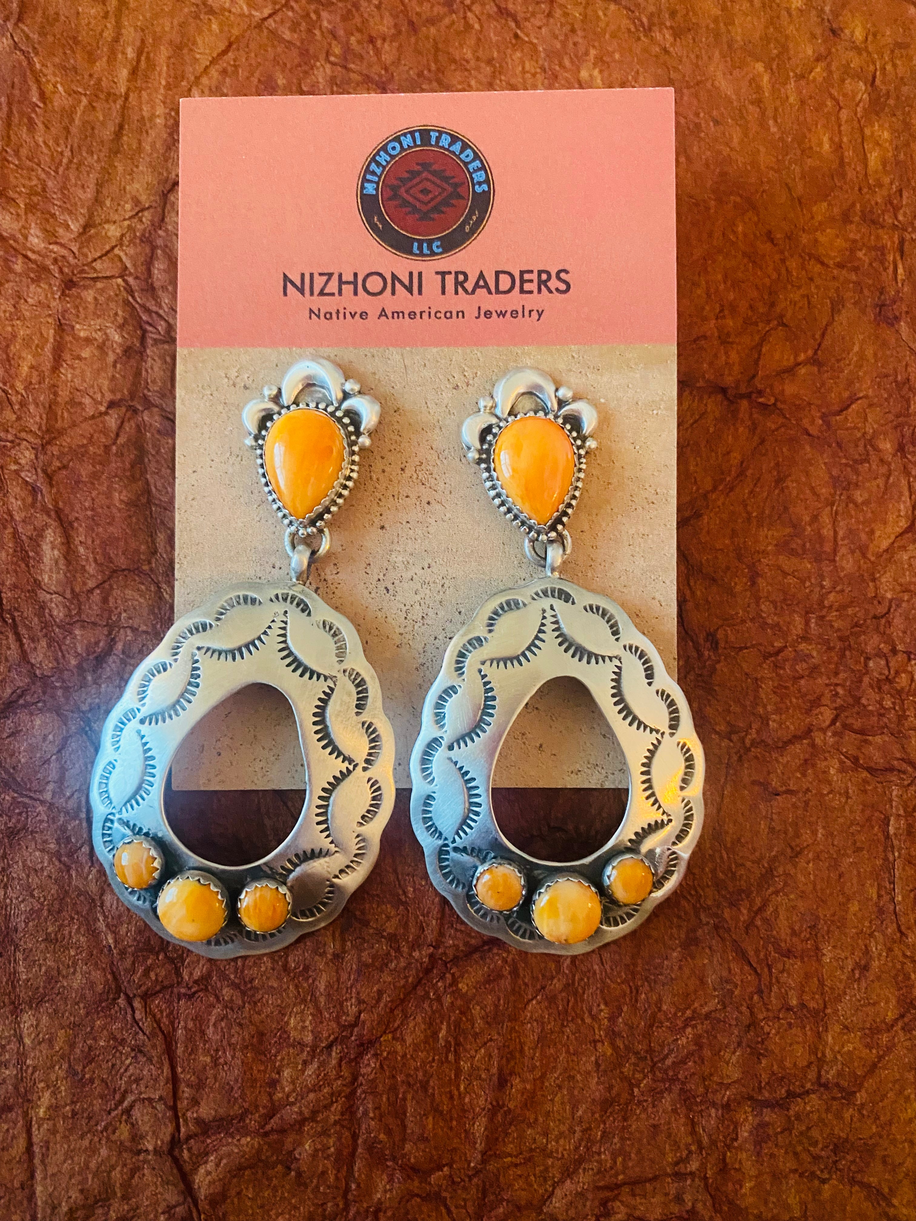 Navajo Sterling Silver & Orange Spiny Concho Dangle Earrings