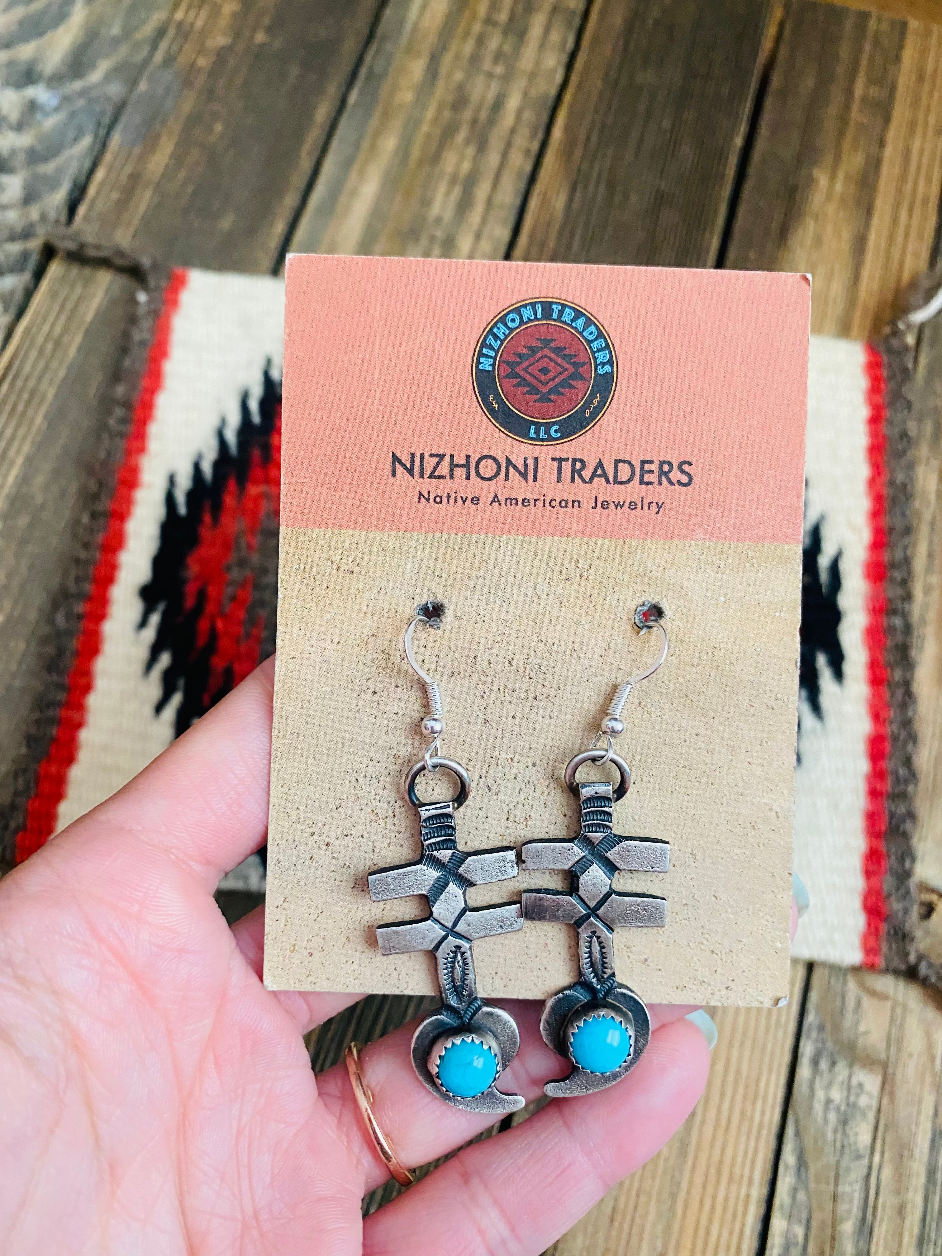 Navajo Turquoise & Sterling Silver Dangle Earrings By Kevin Billah