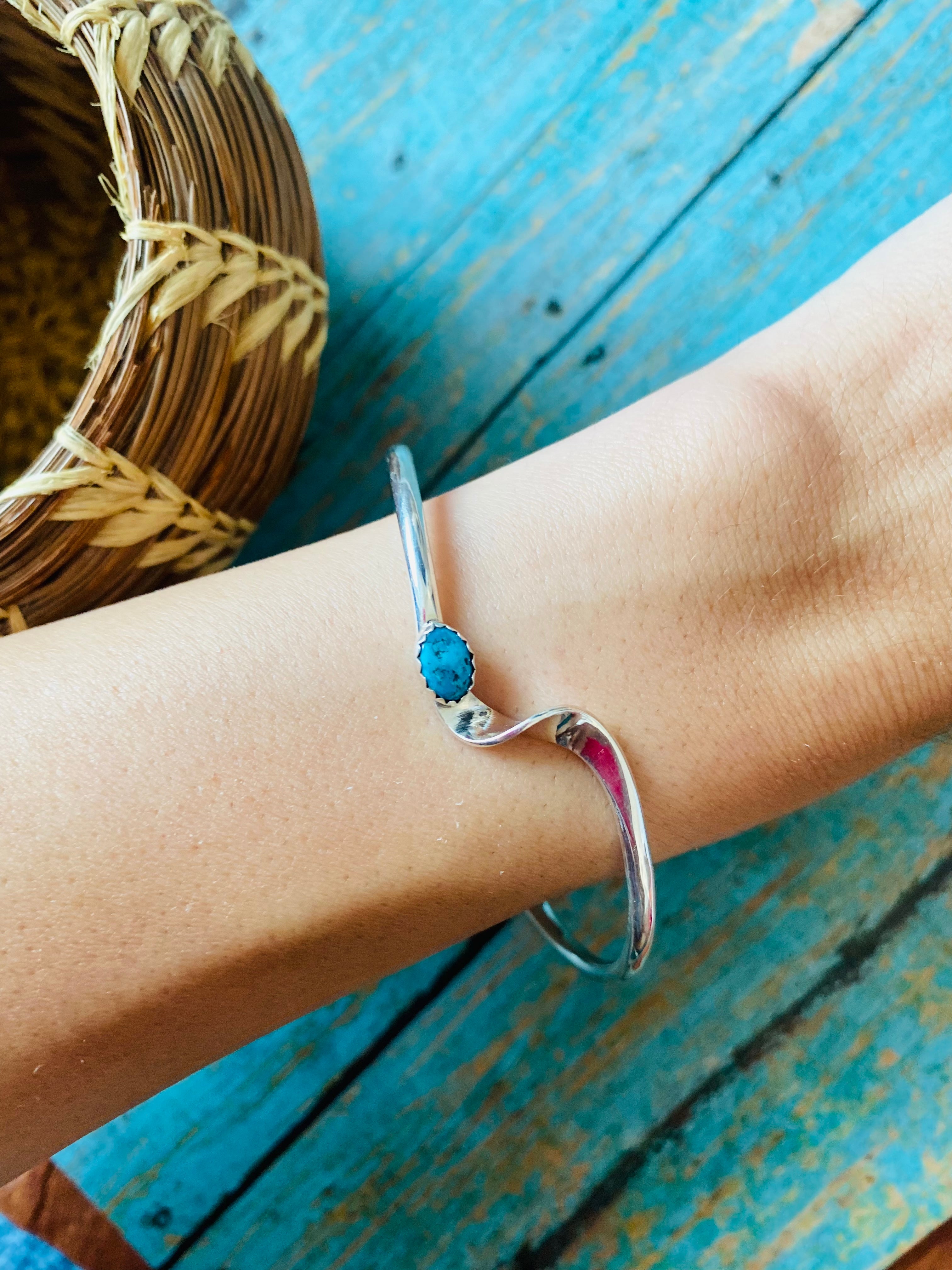 Navajo Sterling Silver Twist & Kingman Turquoise Stacker Cuff Bracelet