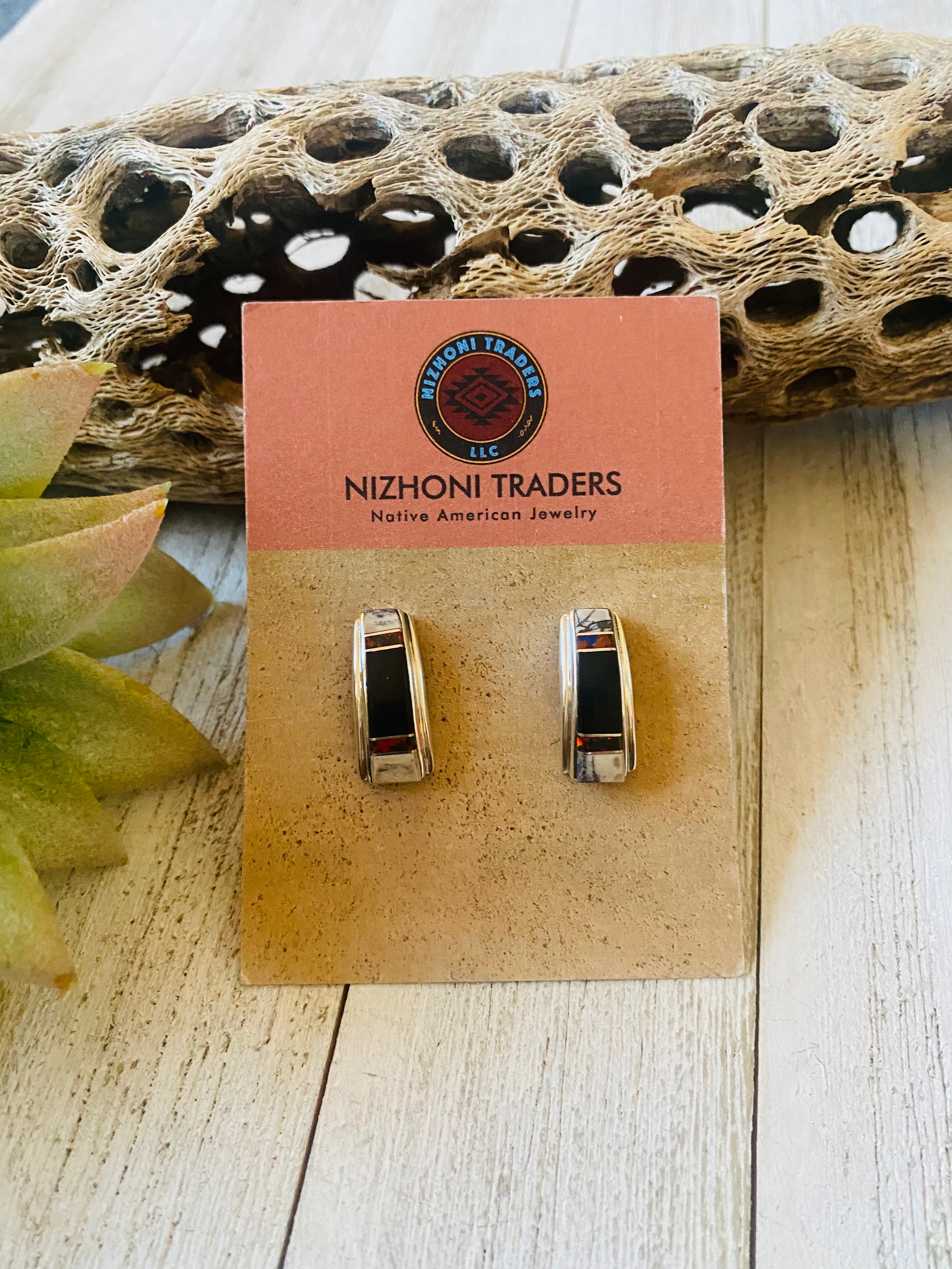 Navajo Multi Stone & Sterling Silver Inlay Dangle Earrings Signed