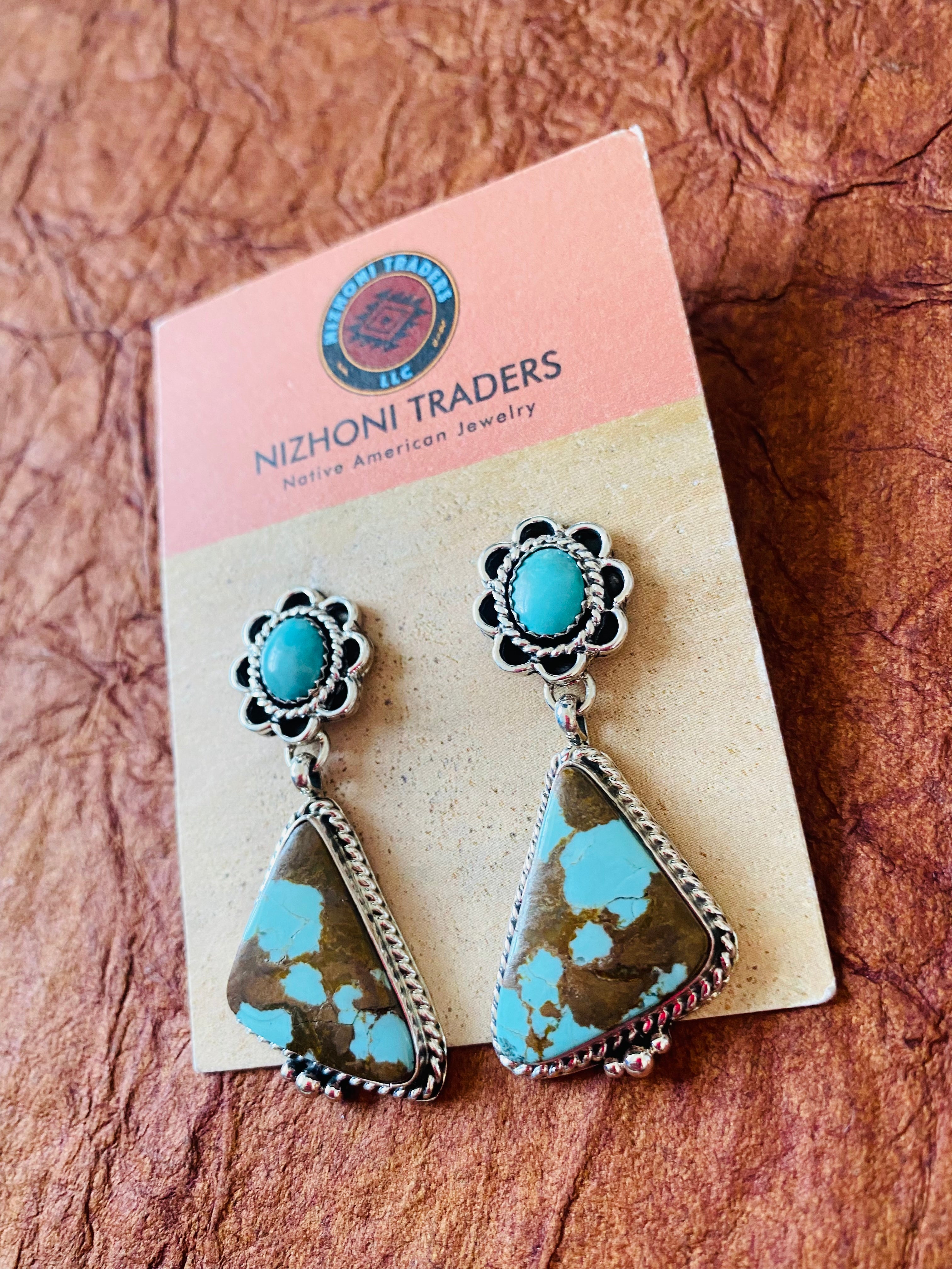 Navajo Number 8 Turquoise & Sterling Silver Flower Dangle Earrings