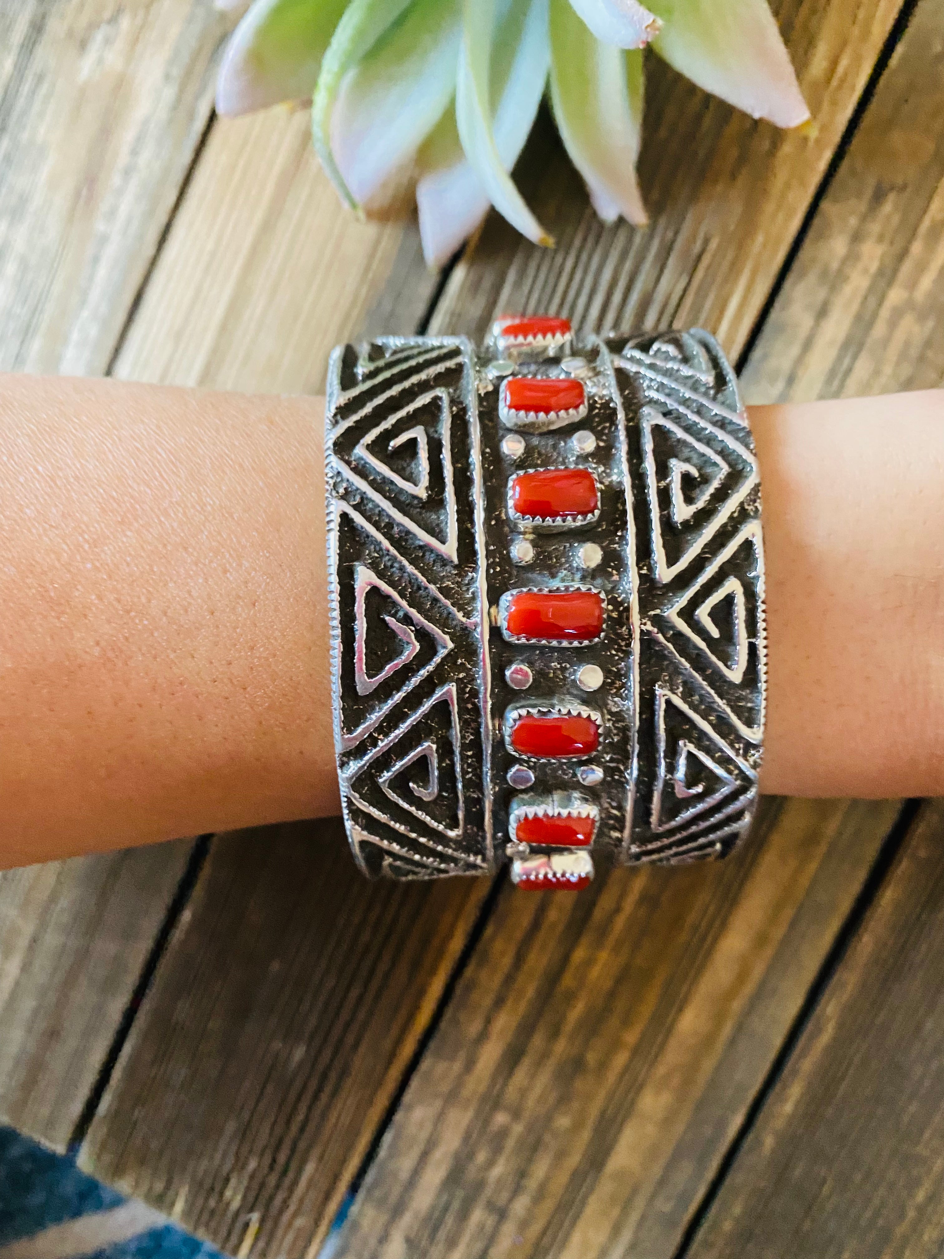 Navajo Coral & Sterling Silver Cuff Bracelet By Steve Arviso