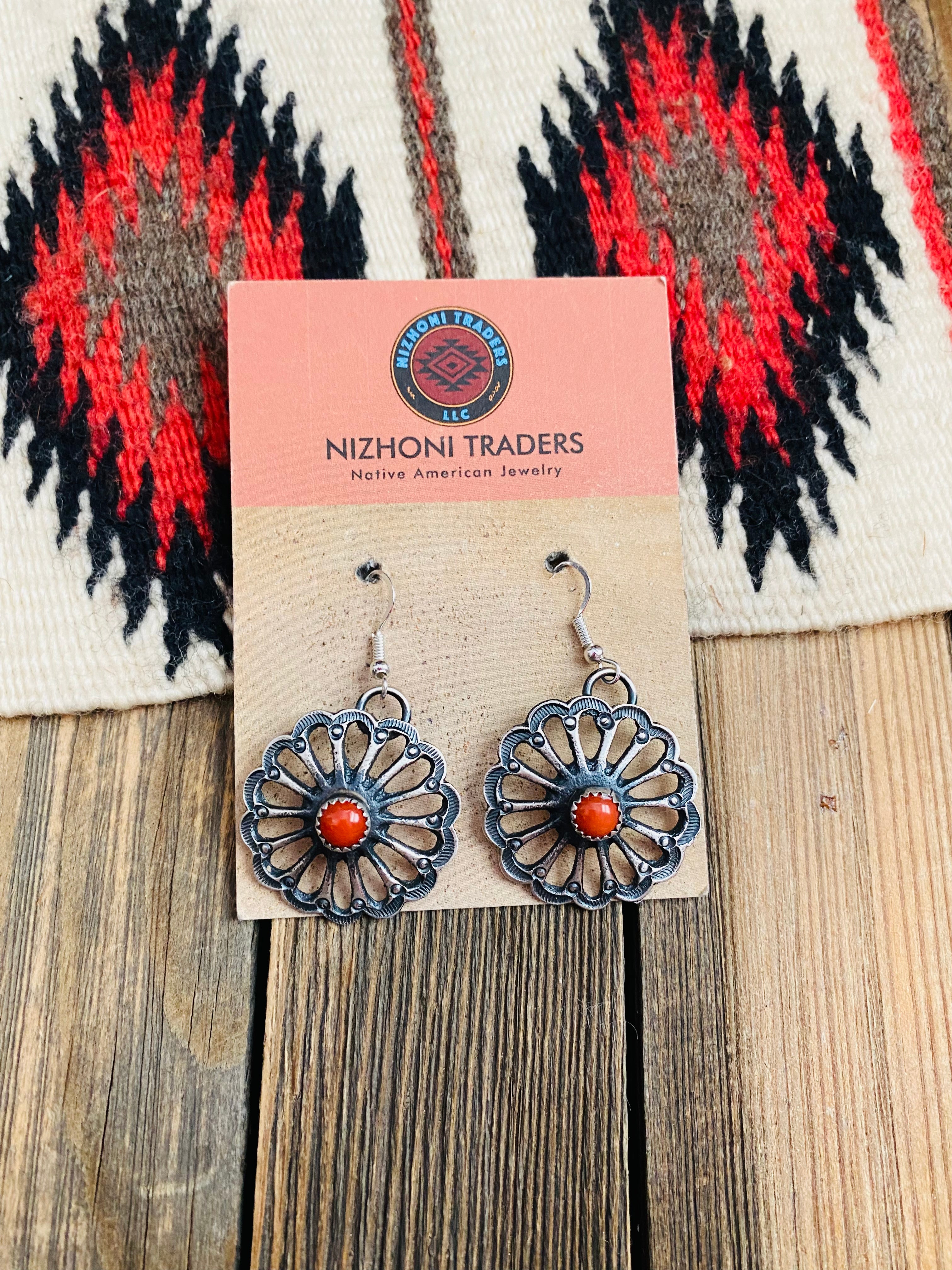 Navajo Coral & Sterling Silver Flower Dangle Earrings By Kevin Billah