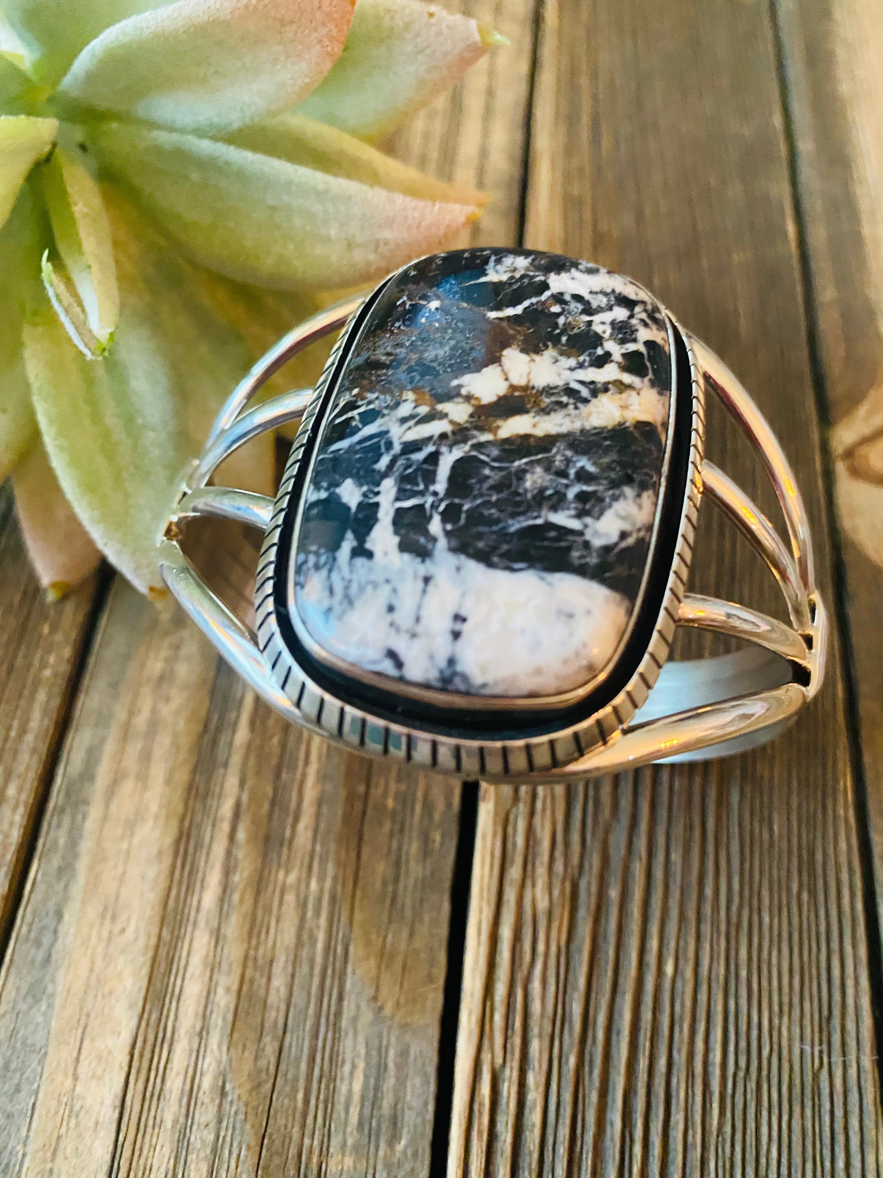 Beautiful Navajo White Buffalo & Sterling Silver Cuff Bracelet Signed