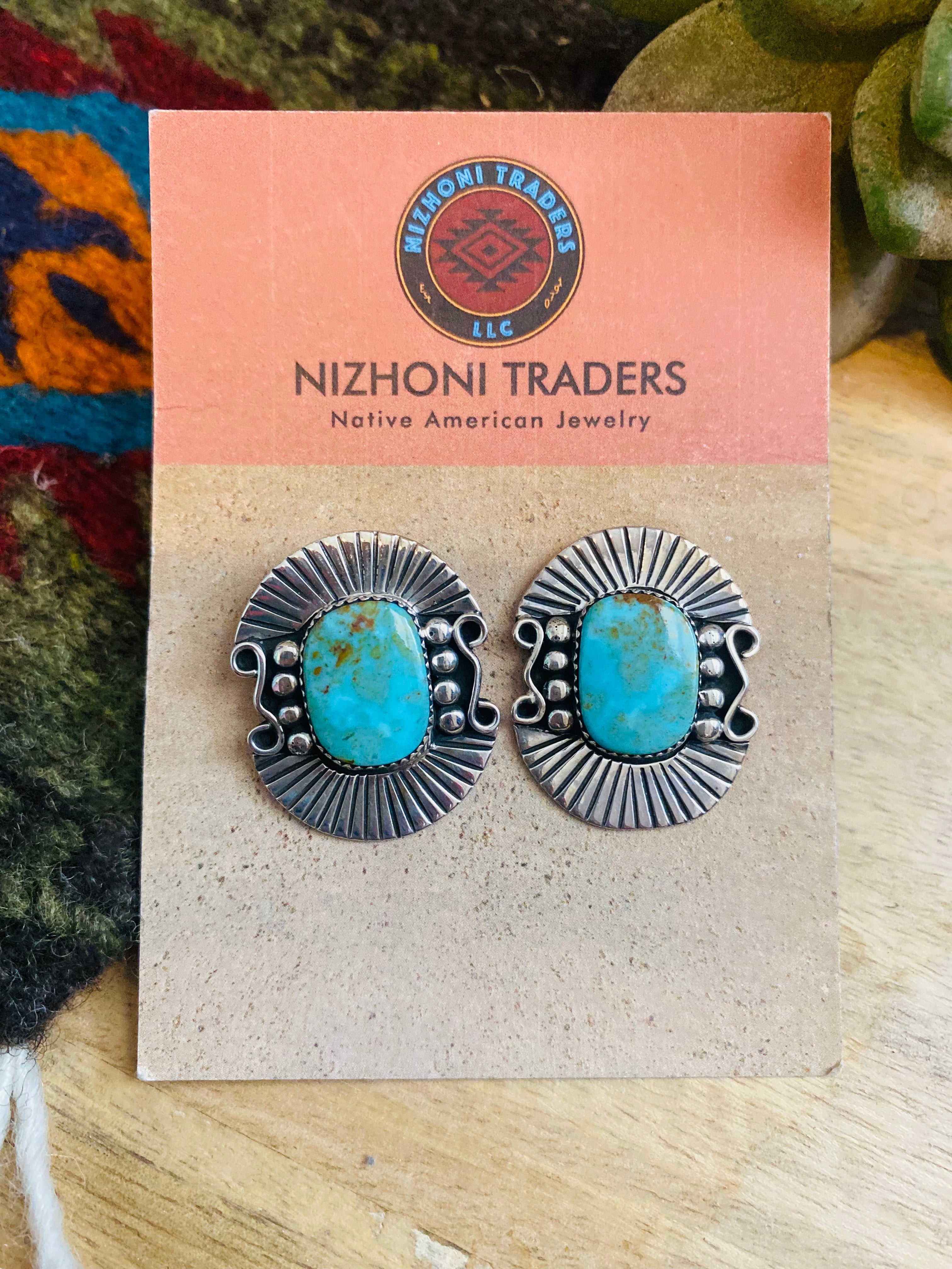 Navajo Sterling Silver & Royston Turquoise Post Earrings Signed