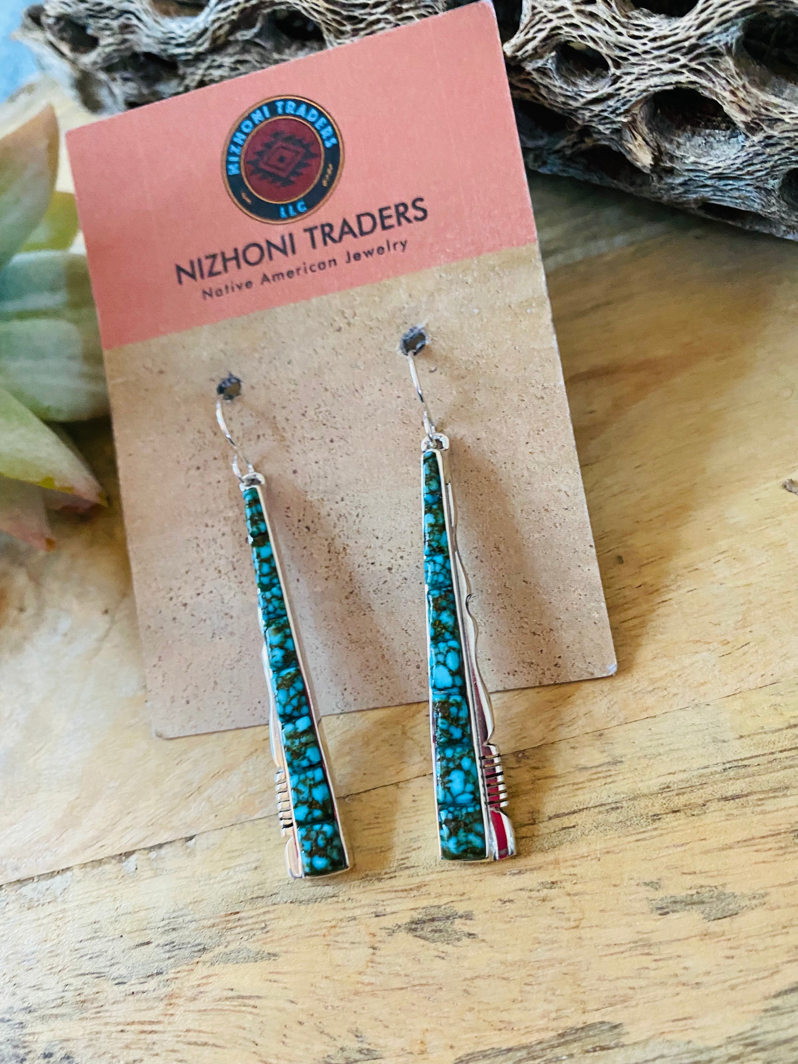 Navajo Kingman Web Turquoise & Sterling Silver Inlay Dangle Earrings