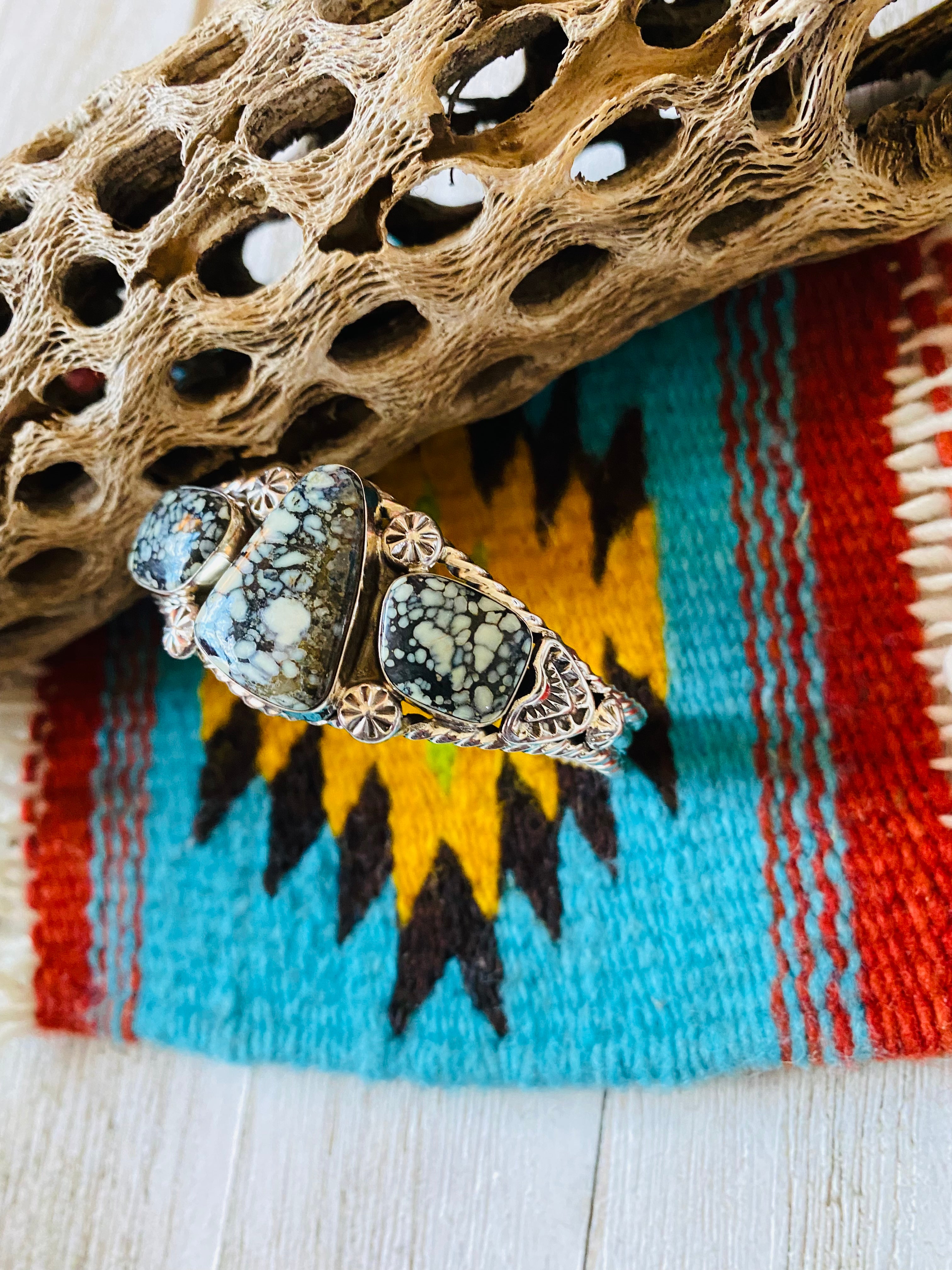 Navajo New Lander Turquoise & Sterling Silver Cuff Bracelet Signed