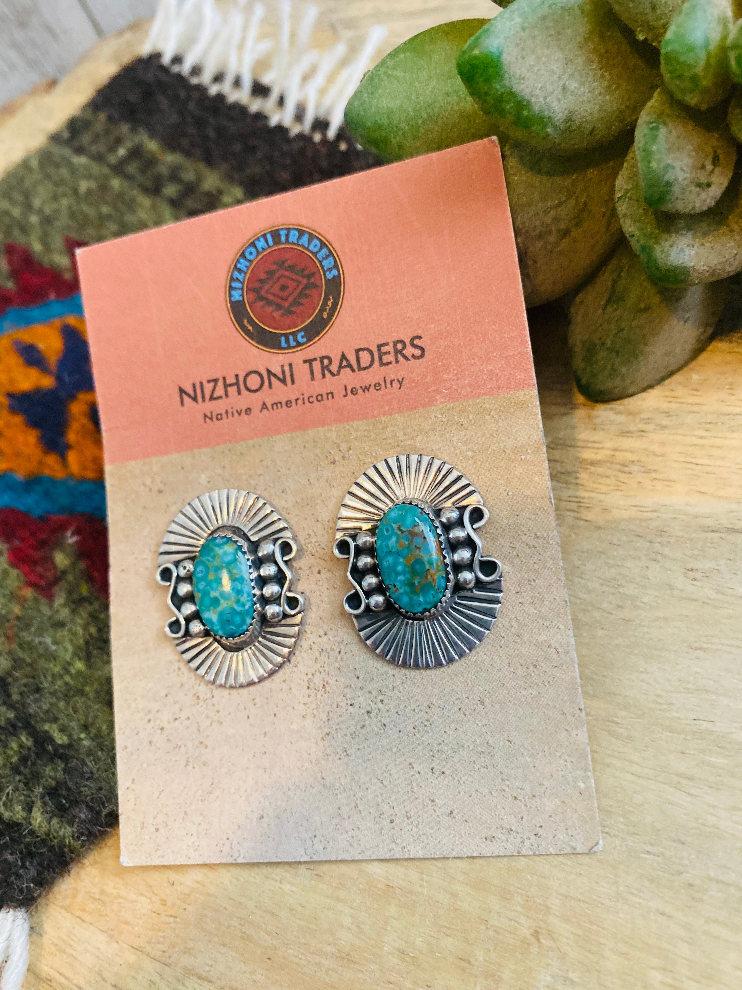 Navajo Sterling Silver & Royston Turquoise Post Earrings Signed