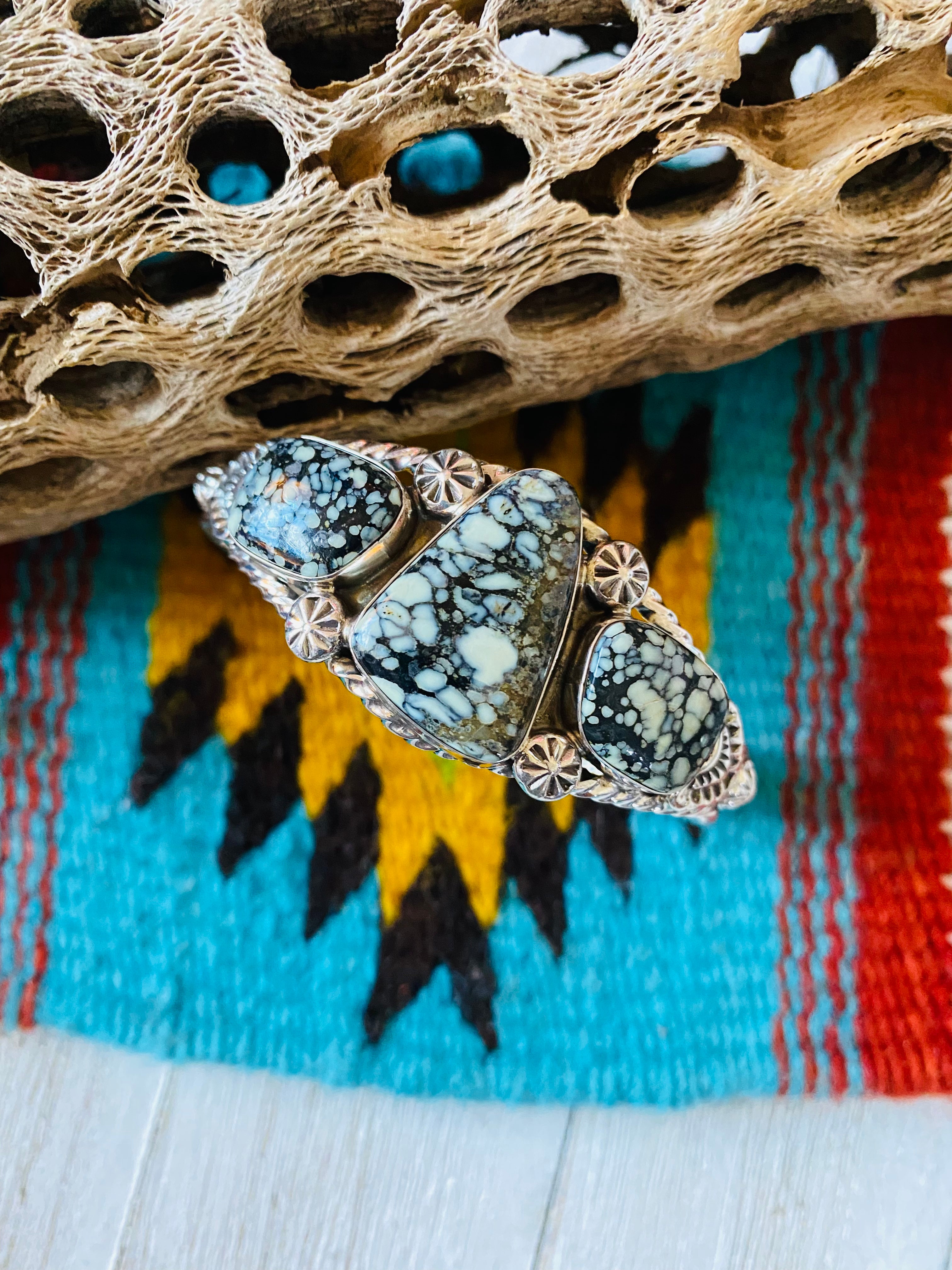 Navajo New Lander Turquoise & Sterling Silver Cuff Bracelet Signed