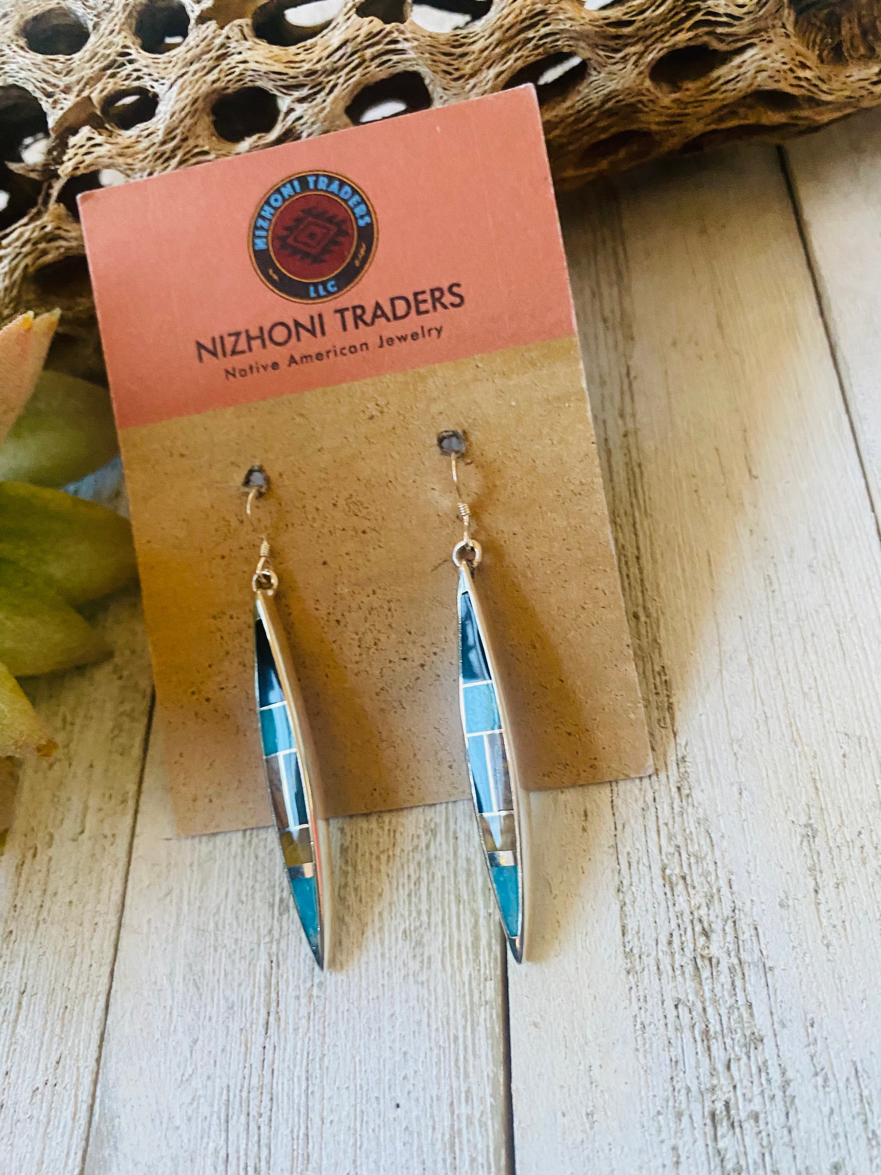 Navajo Multi Stone & Sterling Silver Inlay Dangle Earrings