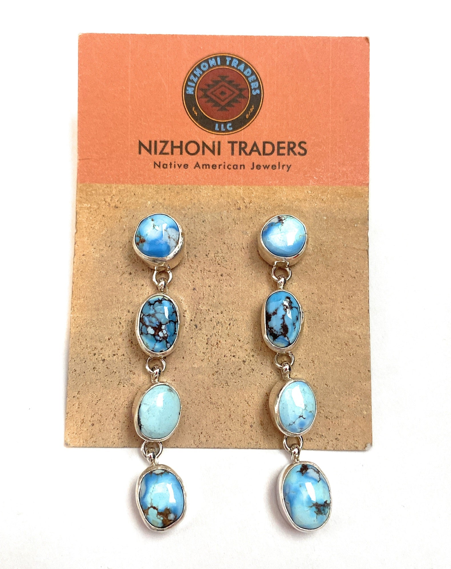 Navajo Sterling Silver & Golden Hills Turquoise Dangle Earrings Signed