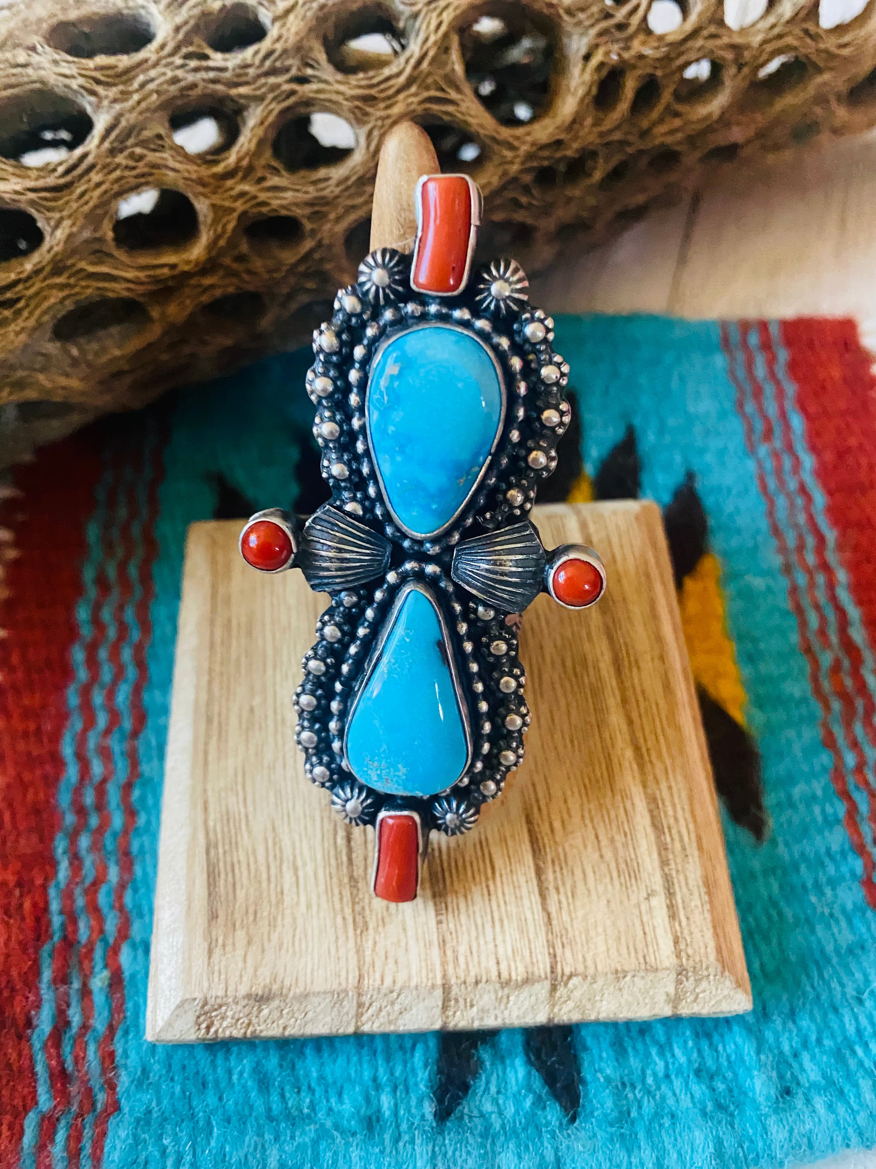 Navajo Sterling Kingman Turquoise & Red Coral Ring Size 9 By Shawn Cayatineto