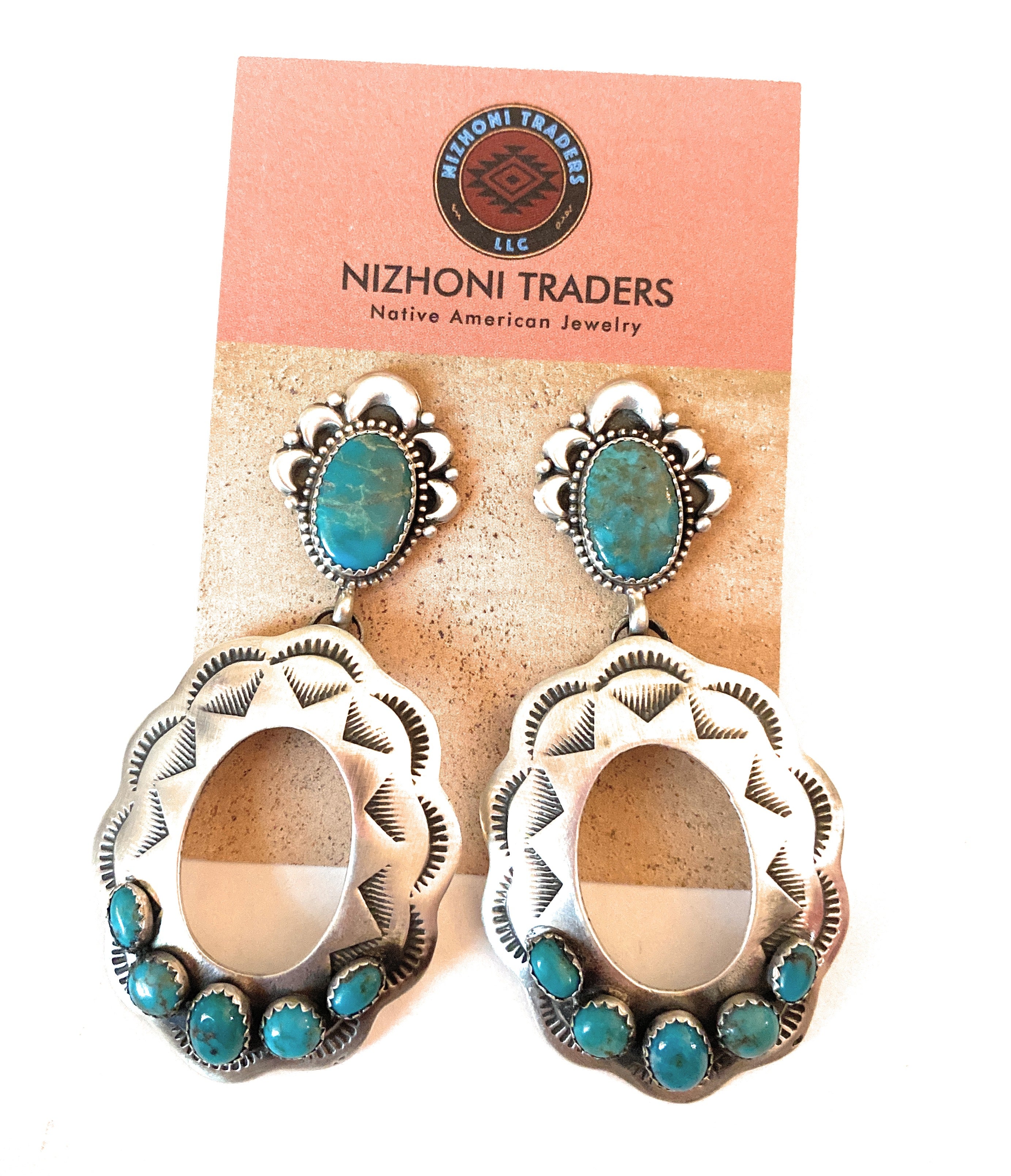 Navajo Sterling Silver & Turquoise Concho Dangle Earrings