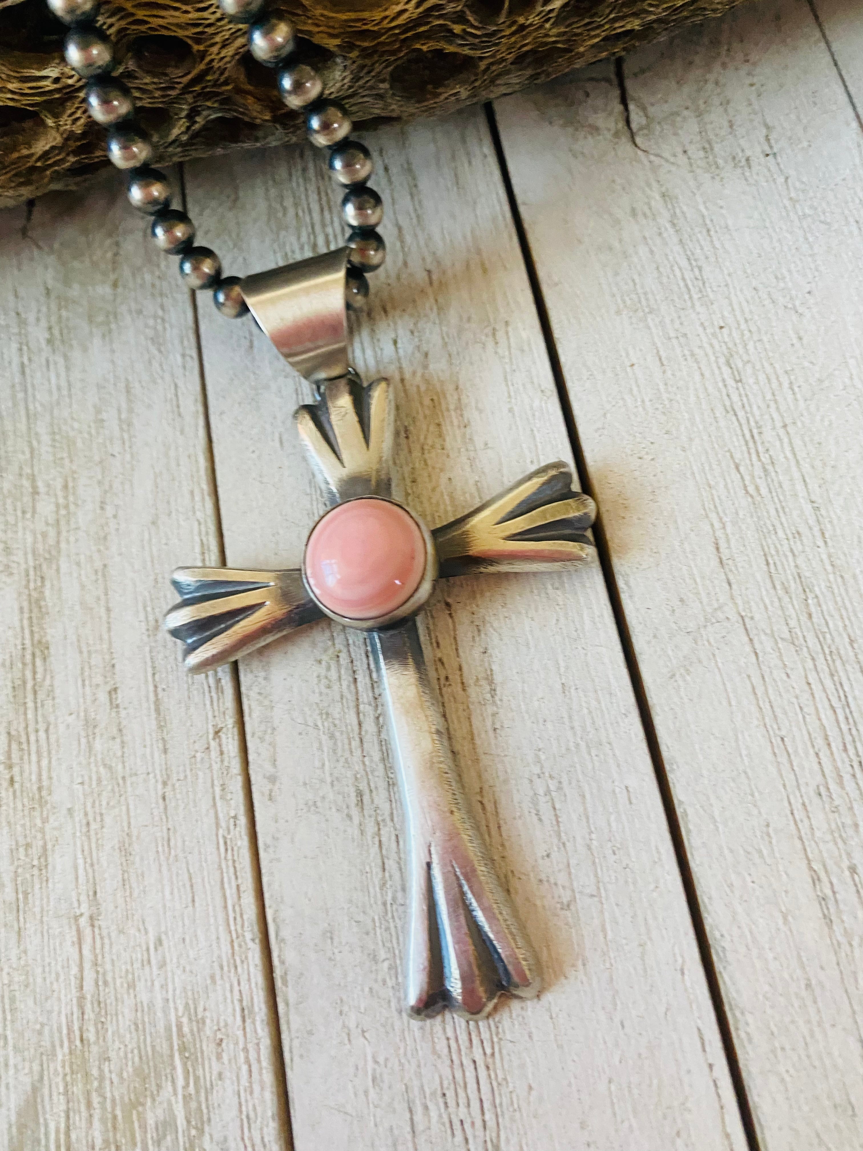 Navajo Queen Pink Conch Shell & Sterling Silver Cross Pendant By Chimney Butte