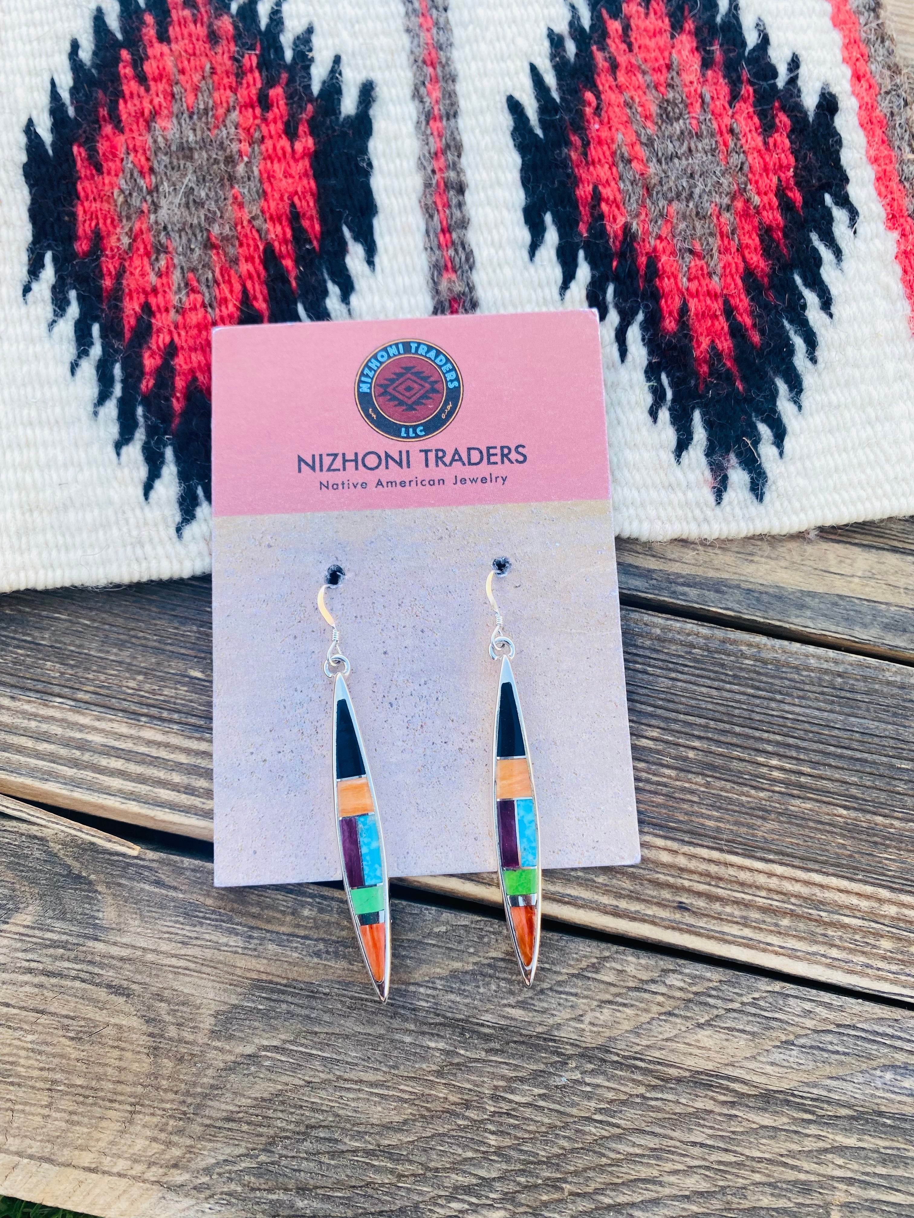 Navajo Multi Stone & Sterling Silver Inlay Dangle Earrings