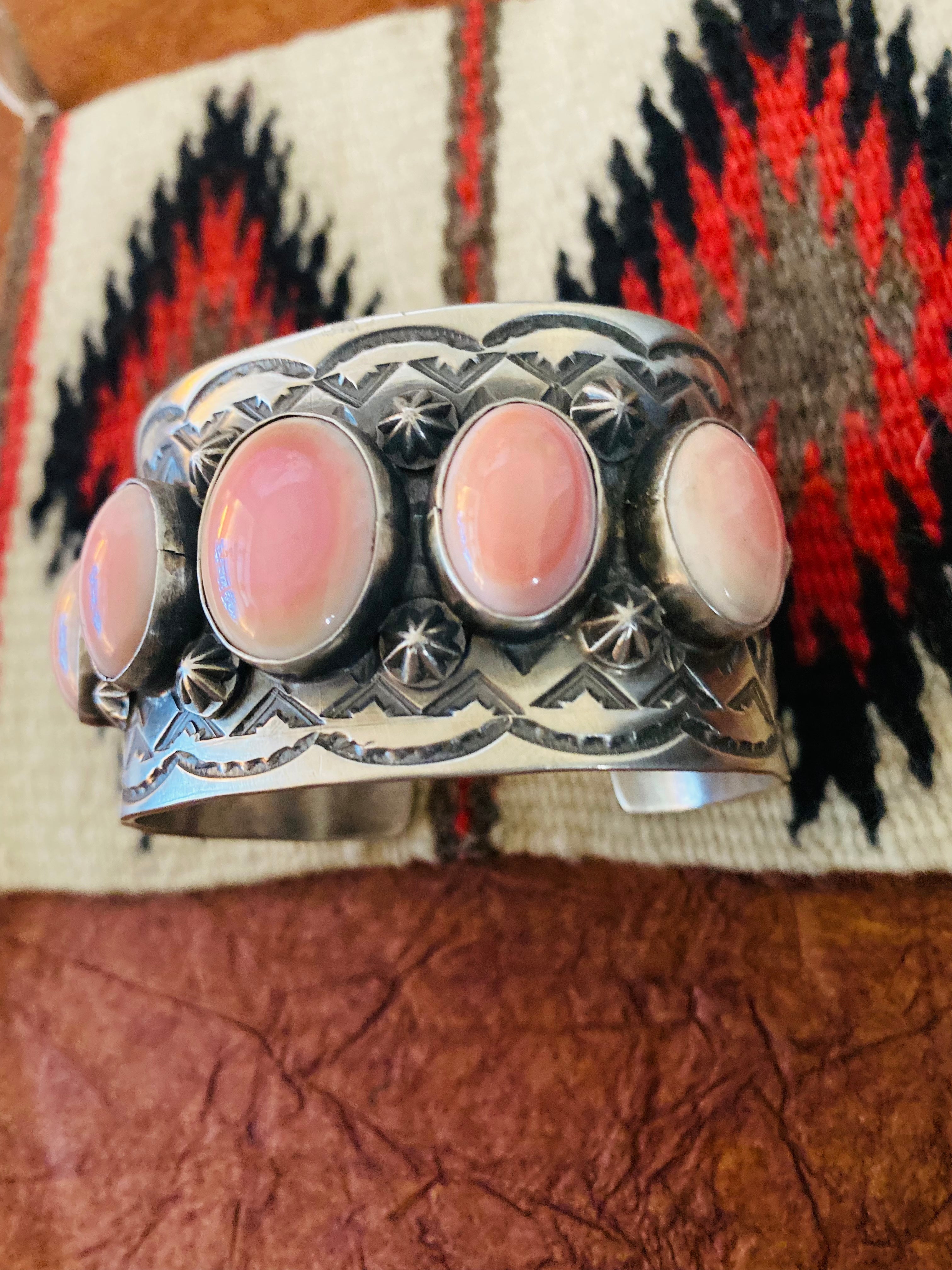 Navajo Queen Pink Conch Shell & Sterling Silver Cuff Bracelet Signed