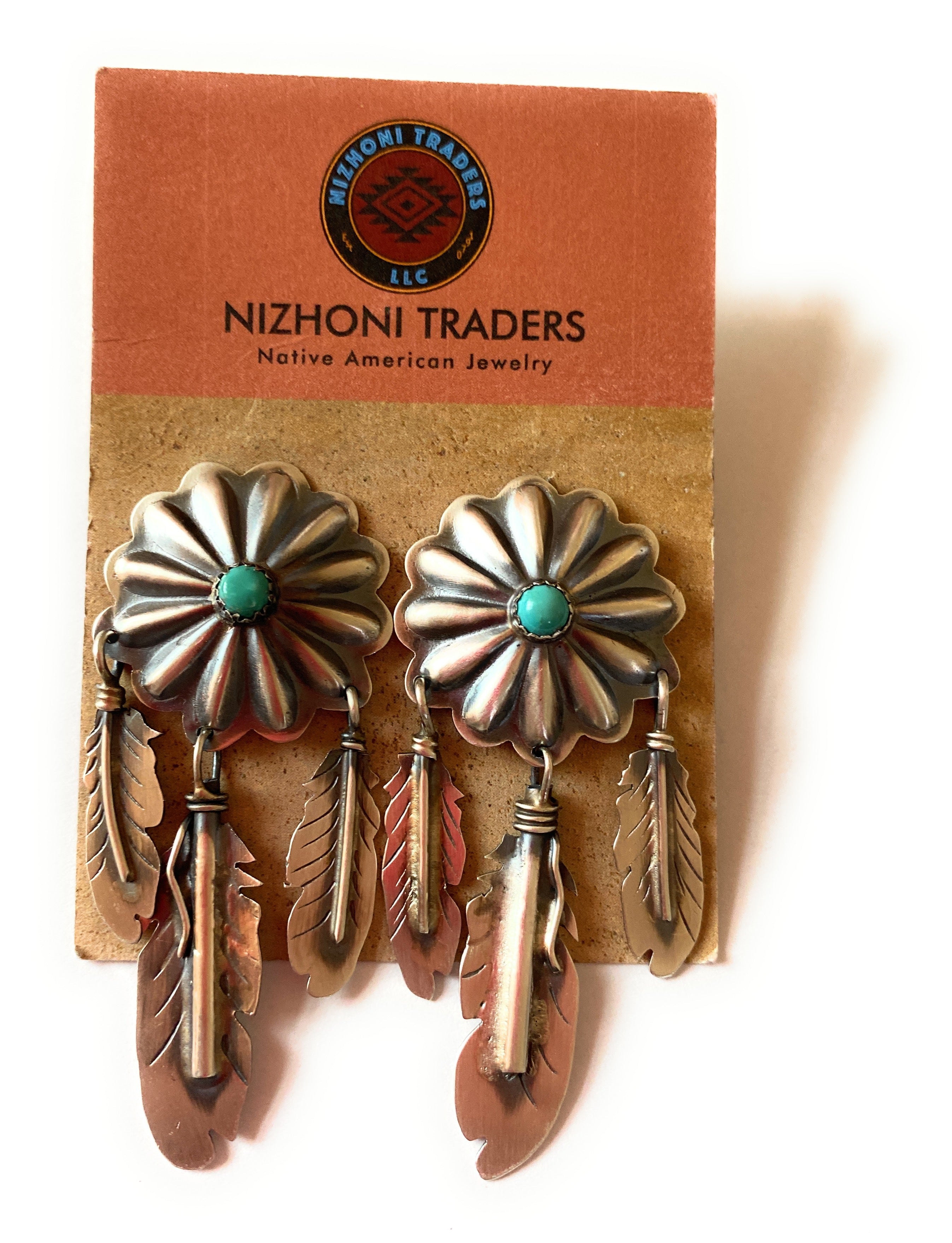 Navajo Sterling Silver & Turquoise Concho Feather Dangle Earrings