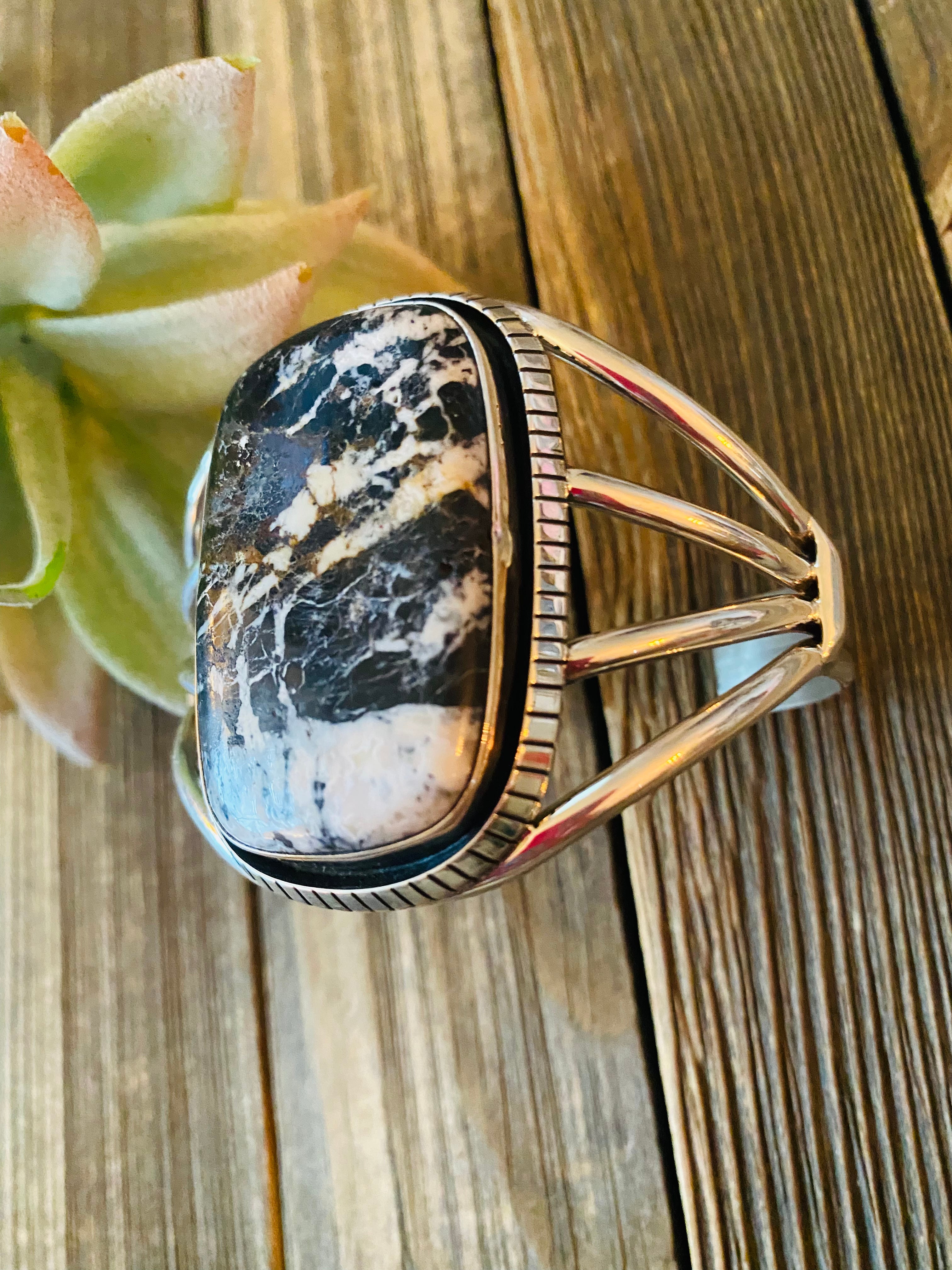 Beautiful Navajo White Buffalo & Sterling Silver Cuff Bracelet Signed