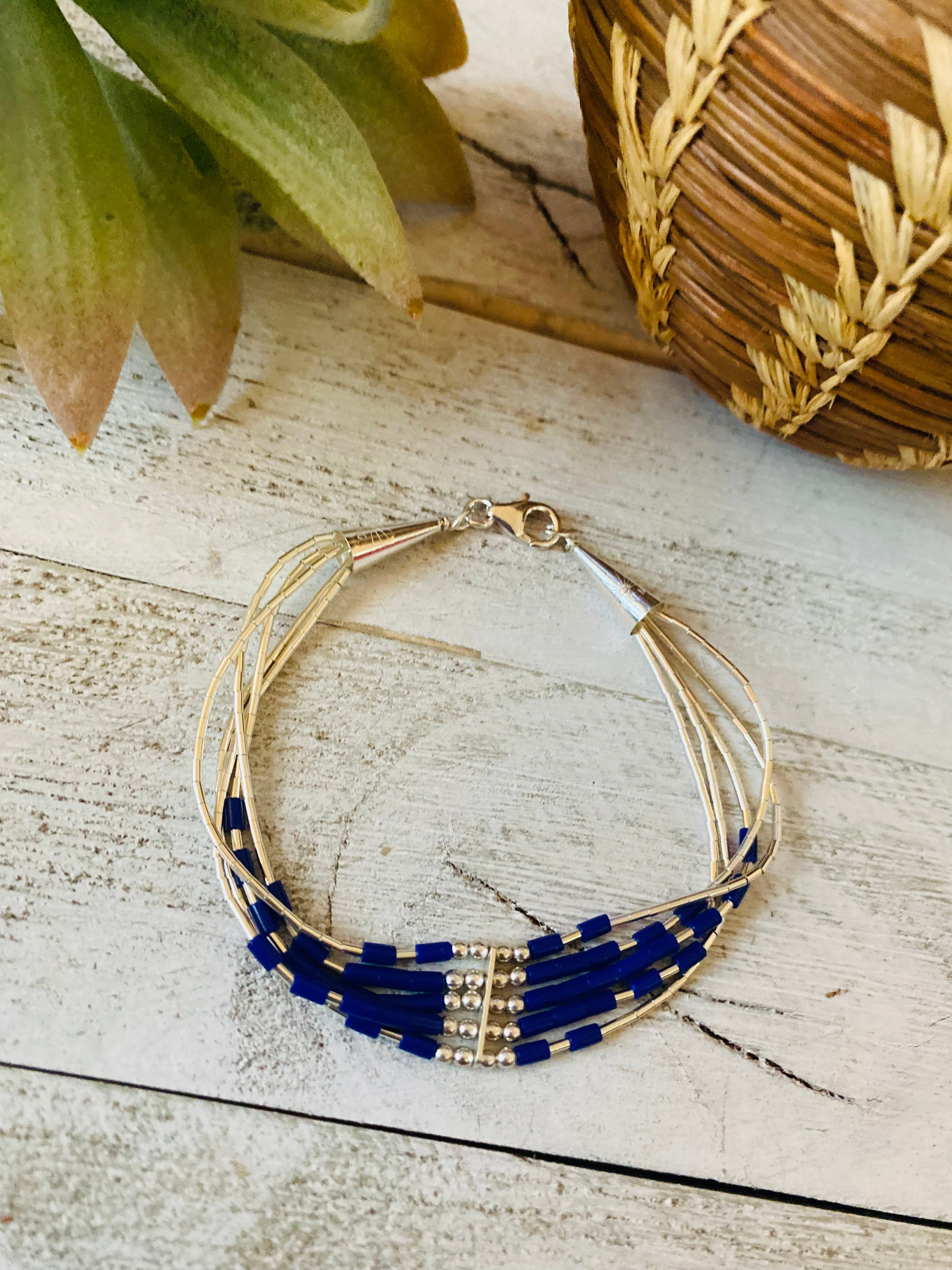 Navajo Lapis & Sterling Liquid Silver Beaded Bracelet