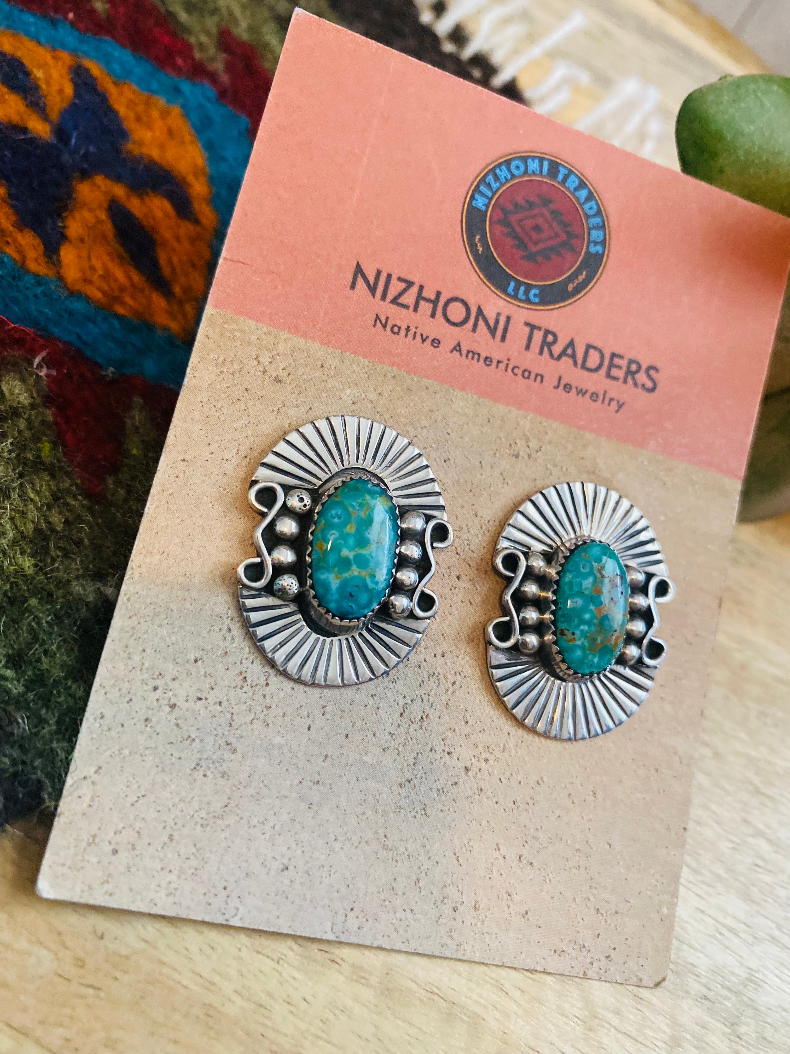 Navajo Sterling Silver & Royston Turquoise Post Earrings Signed