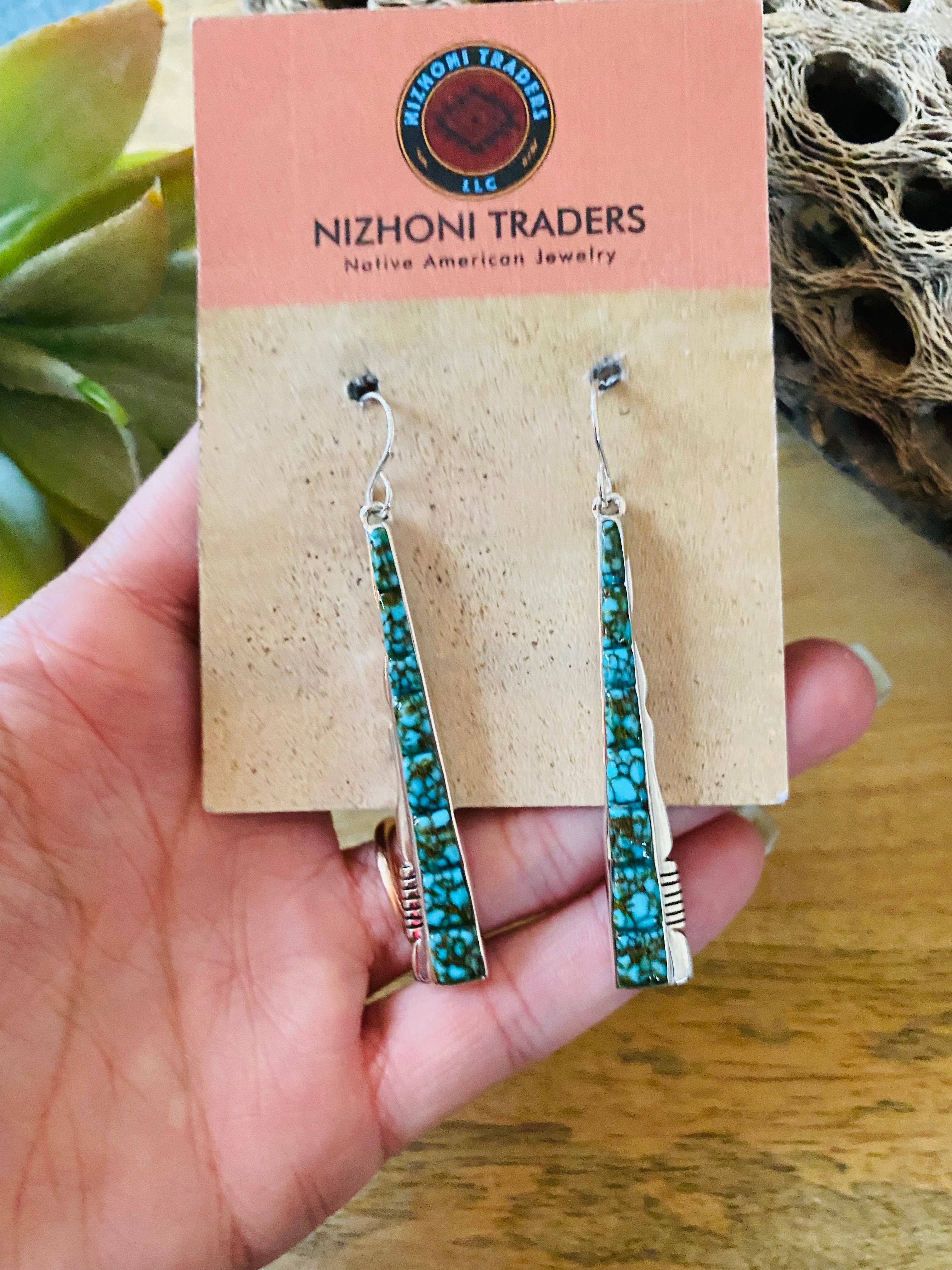 Navajo Kingman Web Turquoise & Sterling Silver Inlay Dangle Earrings