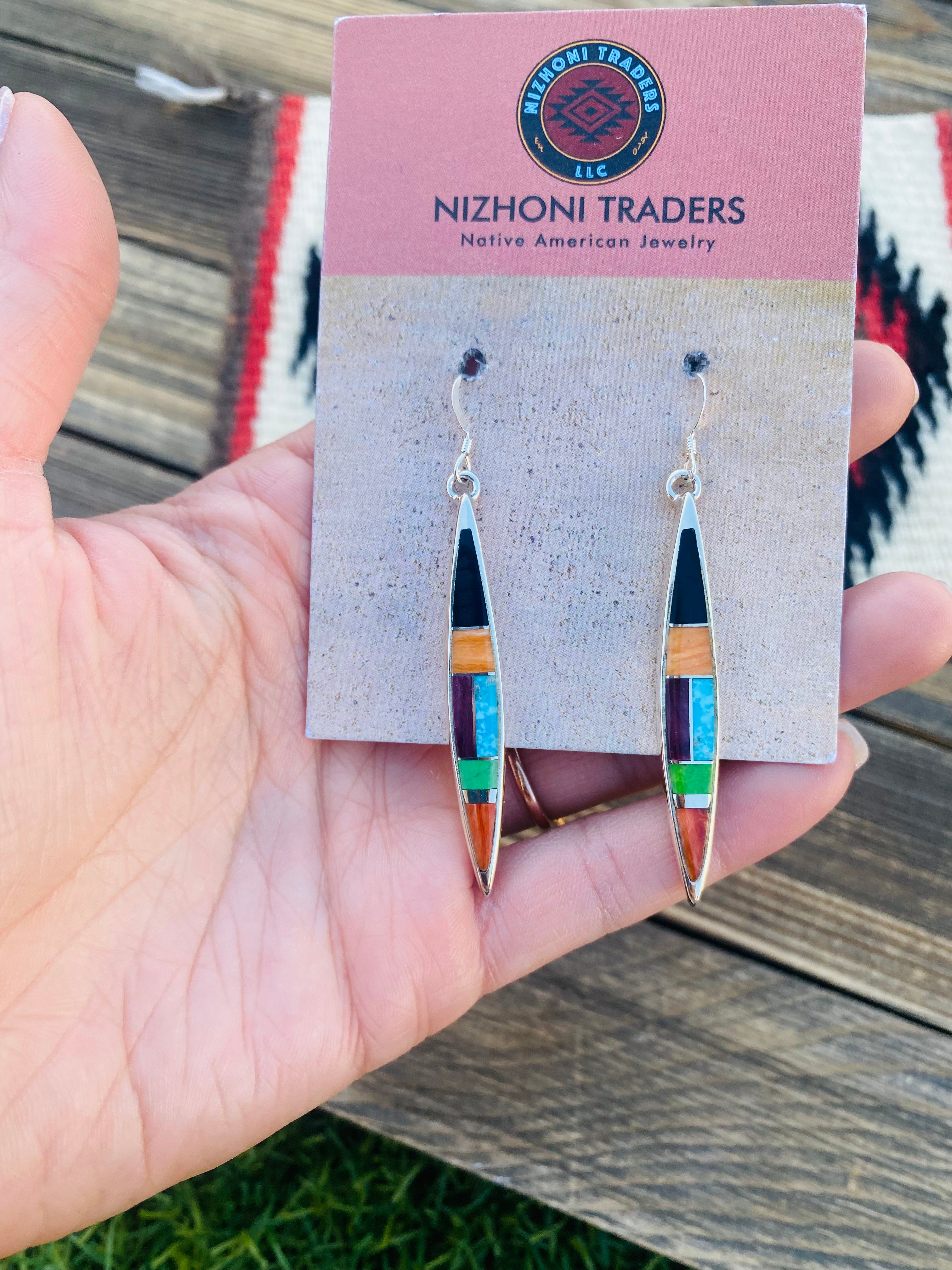 Navajo Multi Stone & Sterling Silver Inlay Dangle Earrings