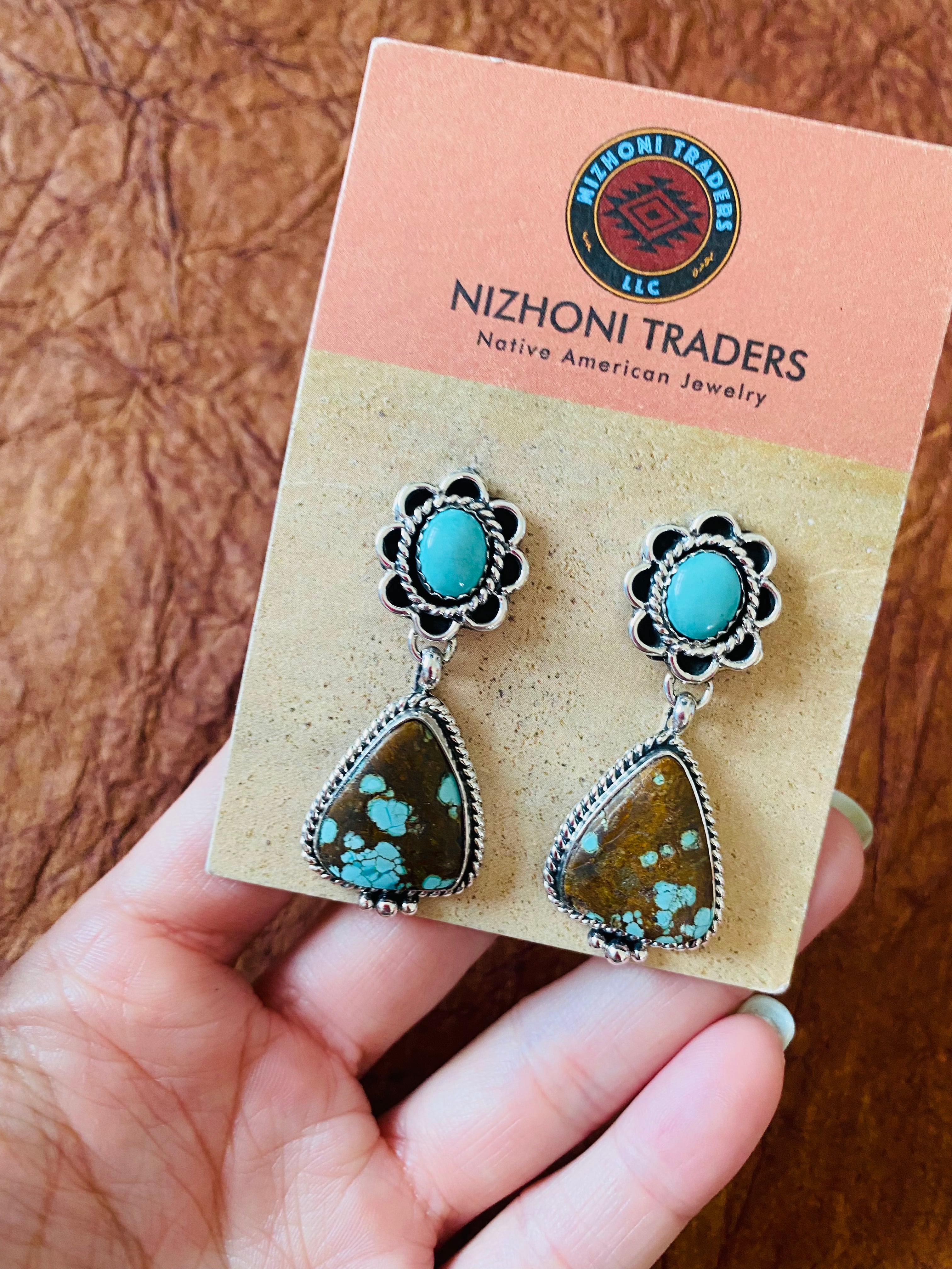 Navajo Number 8 Turquoise & Sterling Silver Flower Dangle Earrings