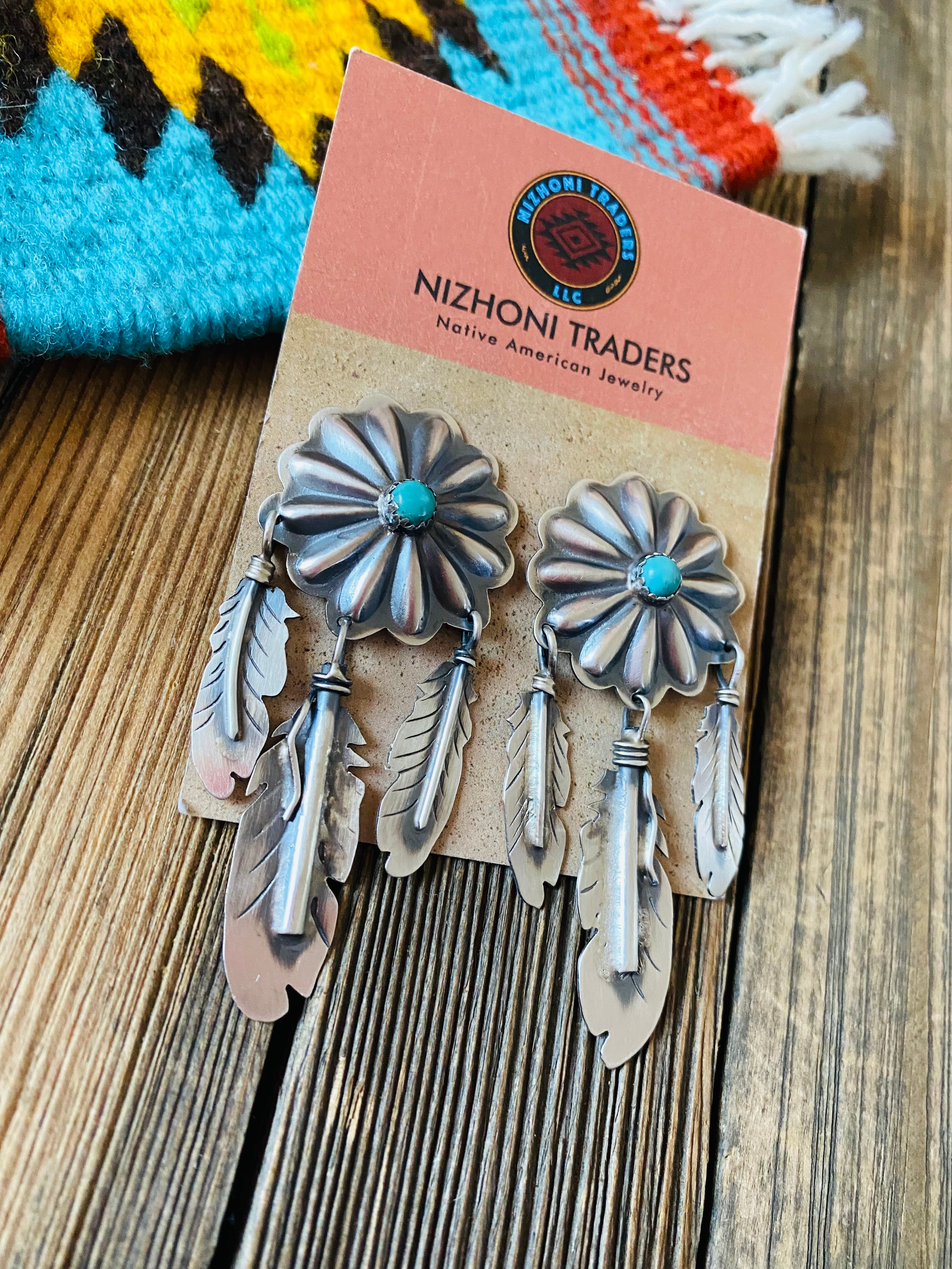 Navajo Sterling Silver & Turquoise Concho Feather Dangle Earrings