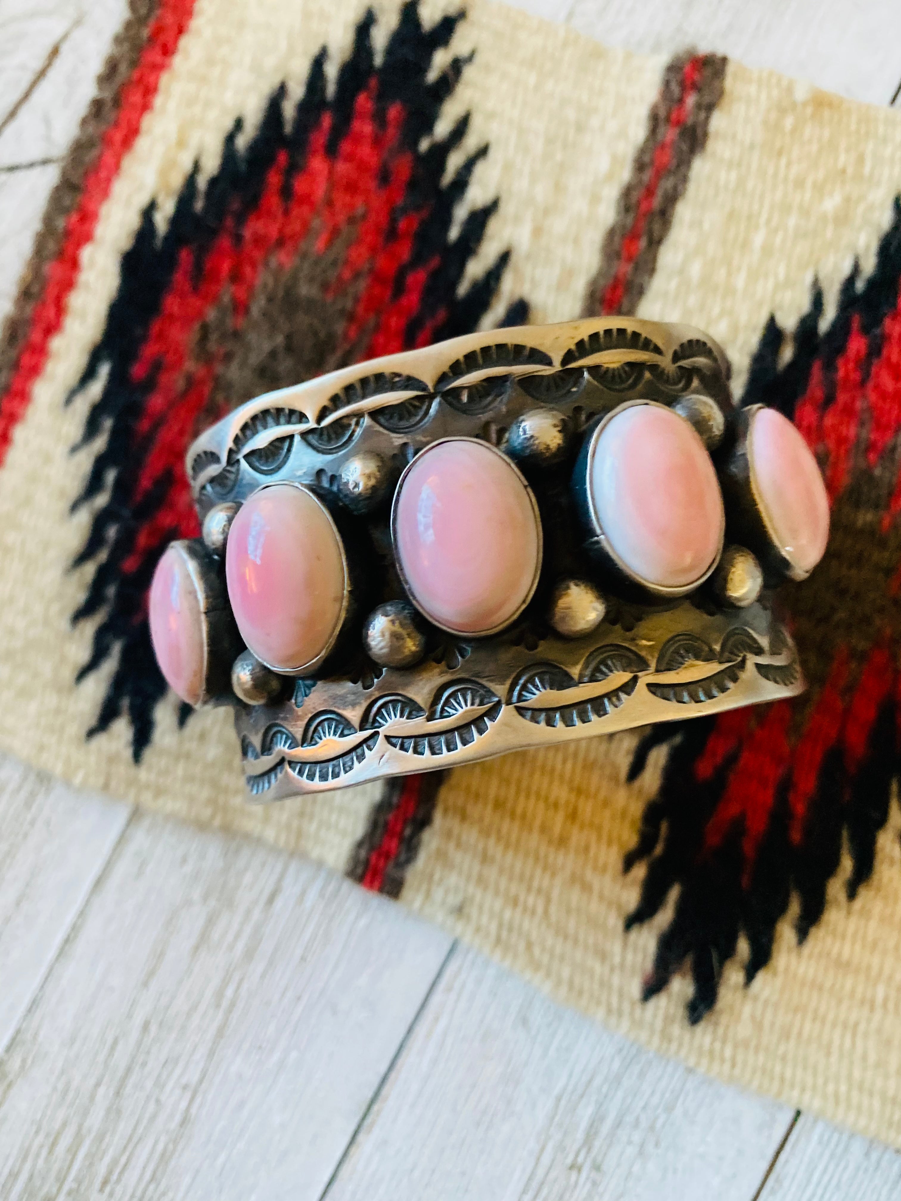 Navajo Queen Pink Conch Shell & Sterling Silver Cuff Bracelet Signed