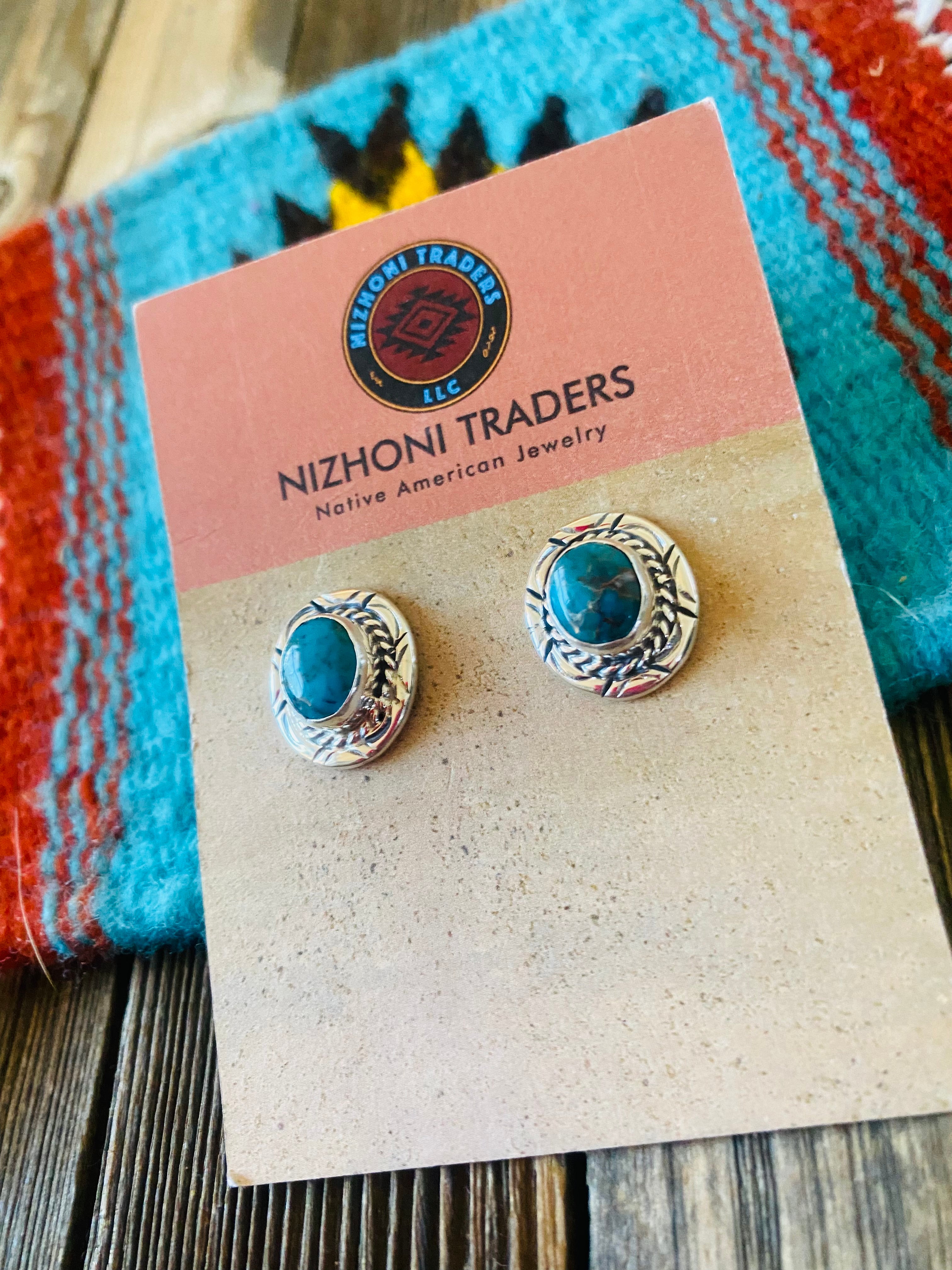 Navajo Kingman Turquoise & Sterling Silver Post Earrings Signed