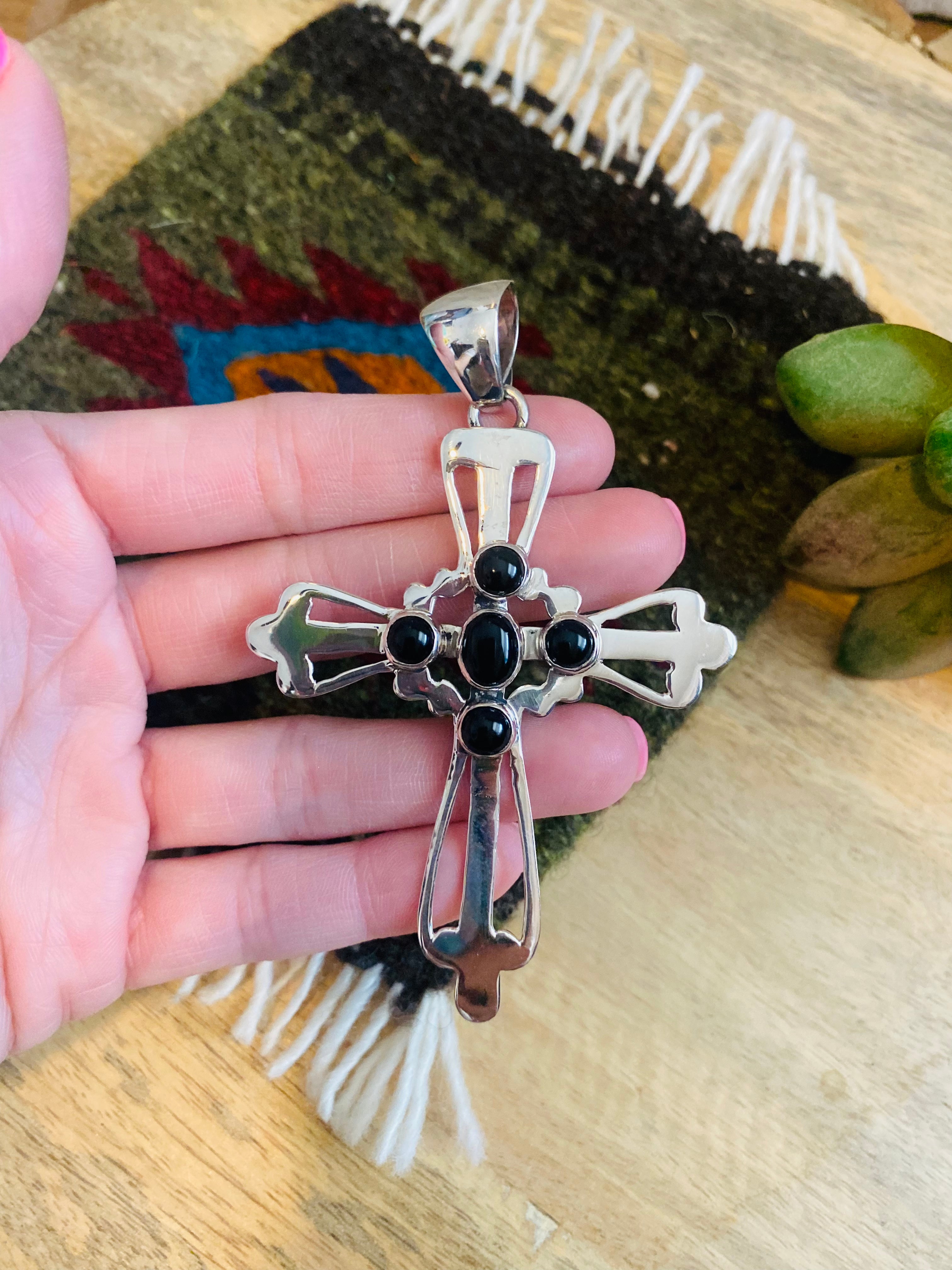 Navajo Onyx & Sterling Silver Cross Pendant Signed