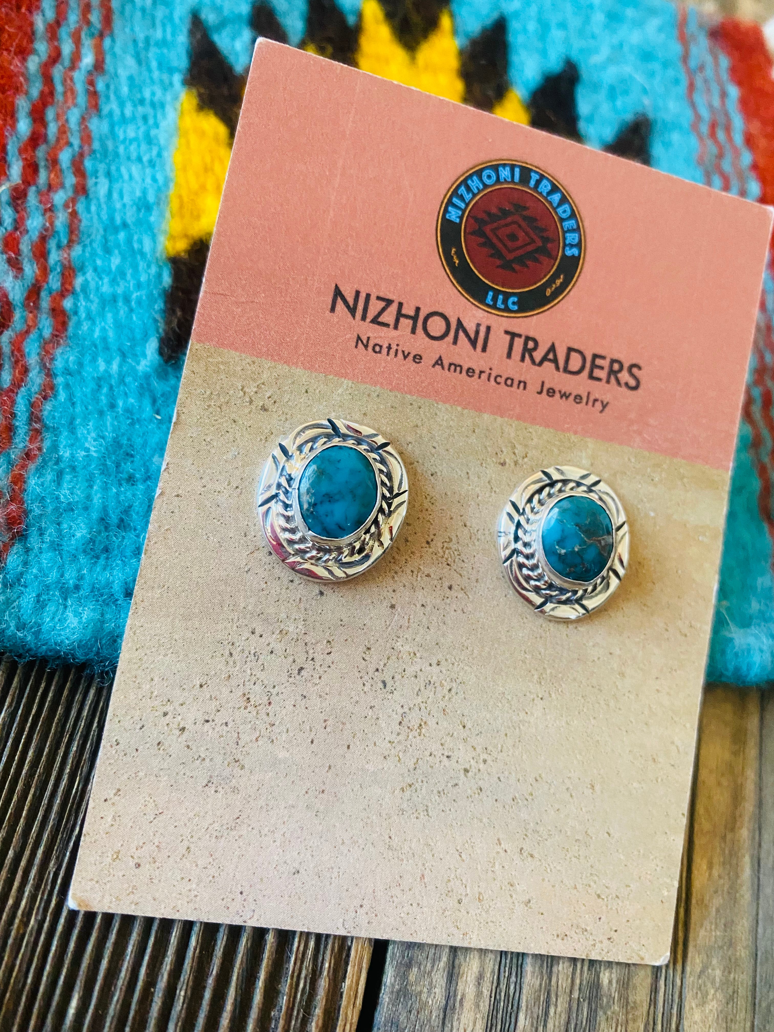 Navajo Kingman Turquoise & Sterling Silver Post Earrings Signed