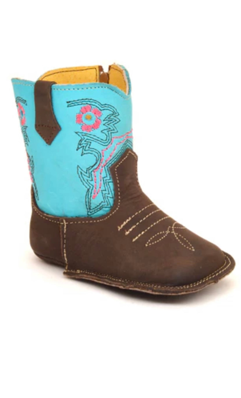 Western Leather infant Baby Boots Turquoise/ Dark Brown