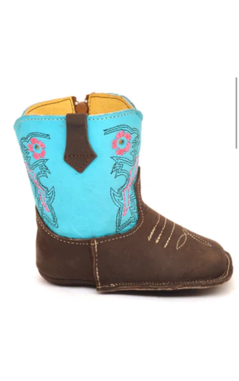 Western Leather infant Baby Boots Turquoise/ Dark Brown