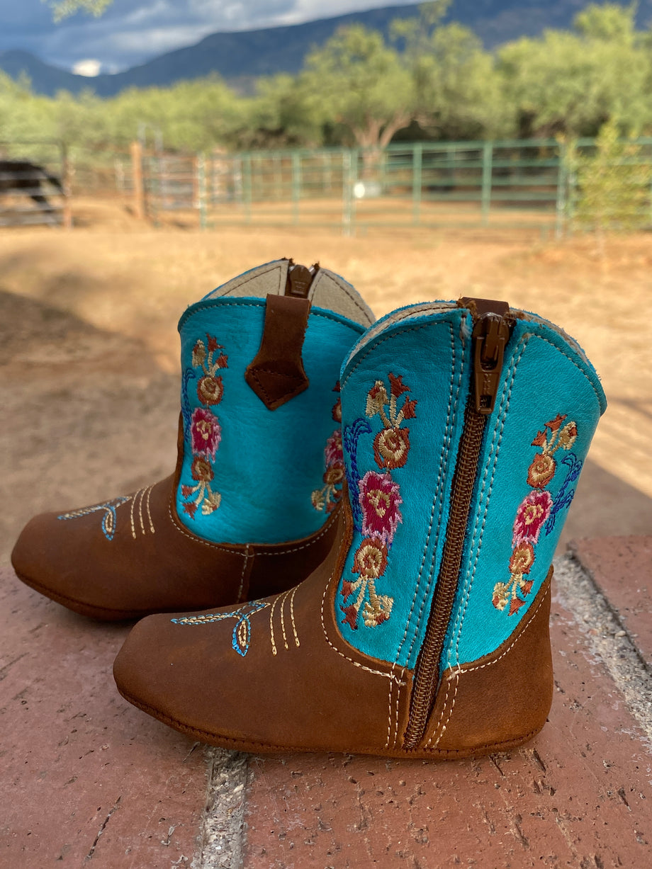 Western Leather infant Baby Boots Turquoise & Flowered