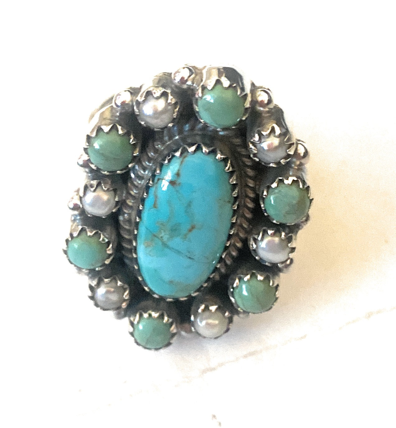 Handmade Sterling Silver, Turquoise & Pearl Cluster Adjustable Ring