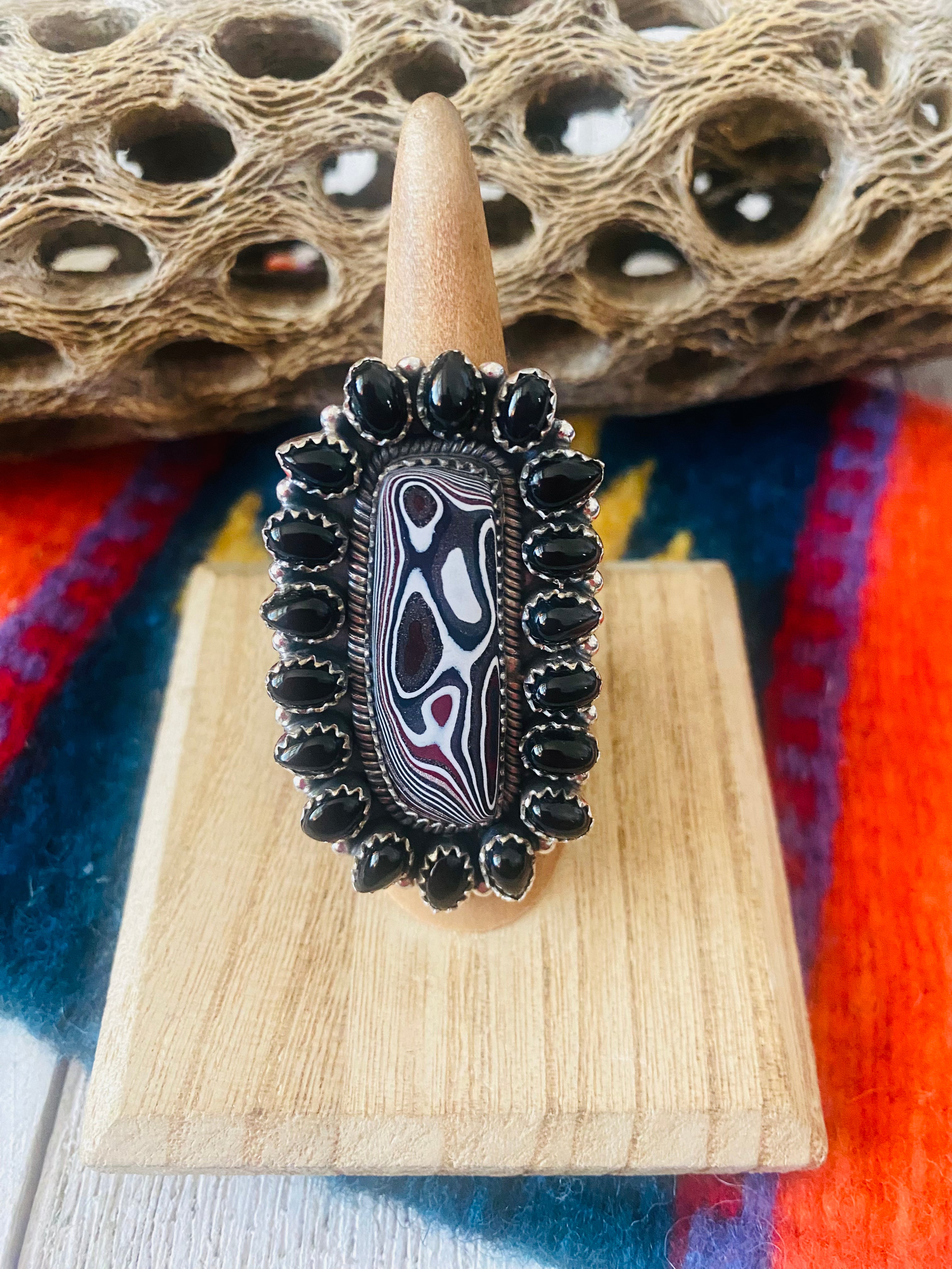 Handmade Sterling Silver, Fordite & Onyx Cluster Adjustable Ring