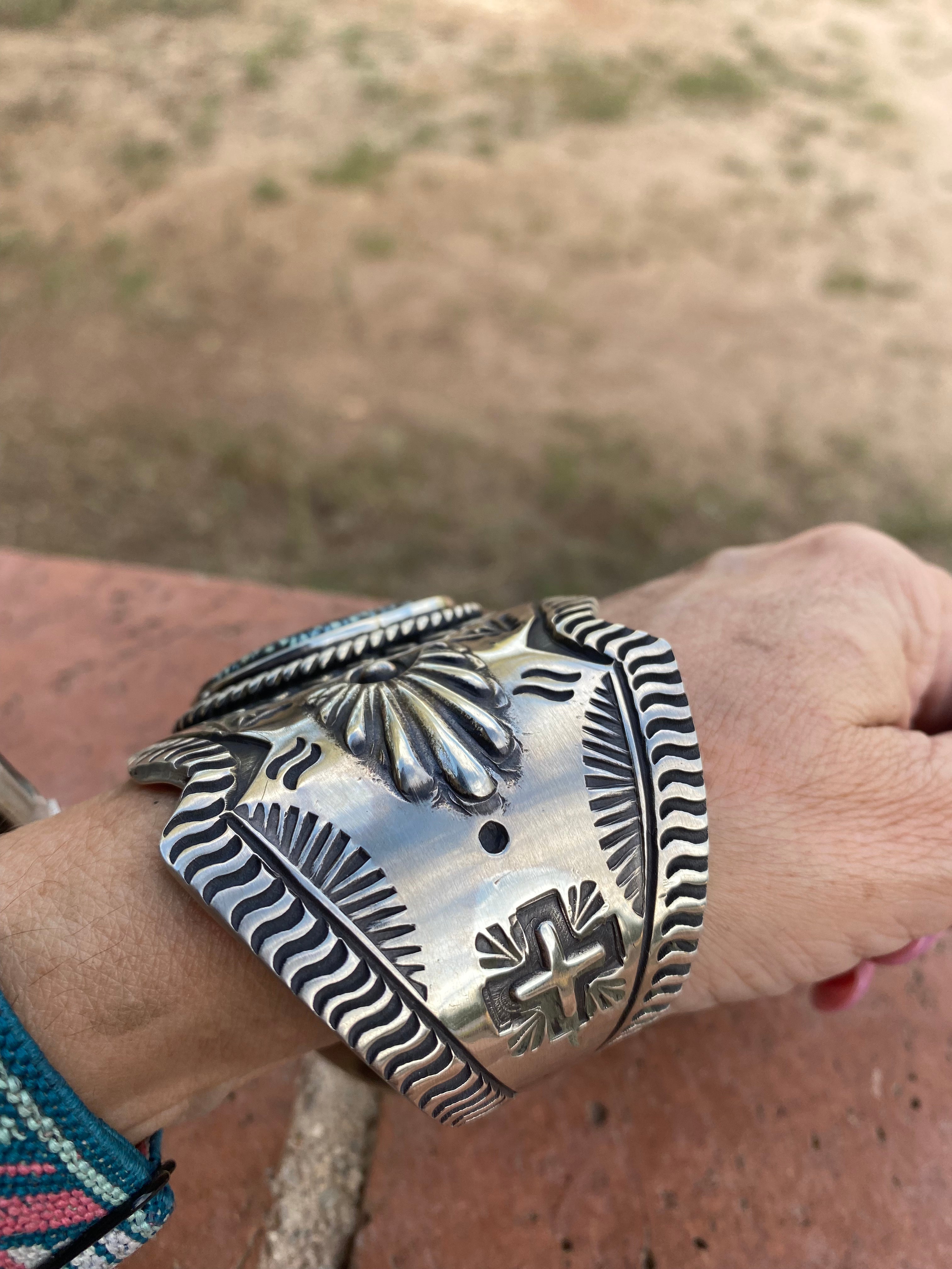 Navajo Hand Stamped New Lander Turquoise & Sterling Silver Cross Cuff  Bracelet By Elvira Bill